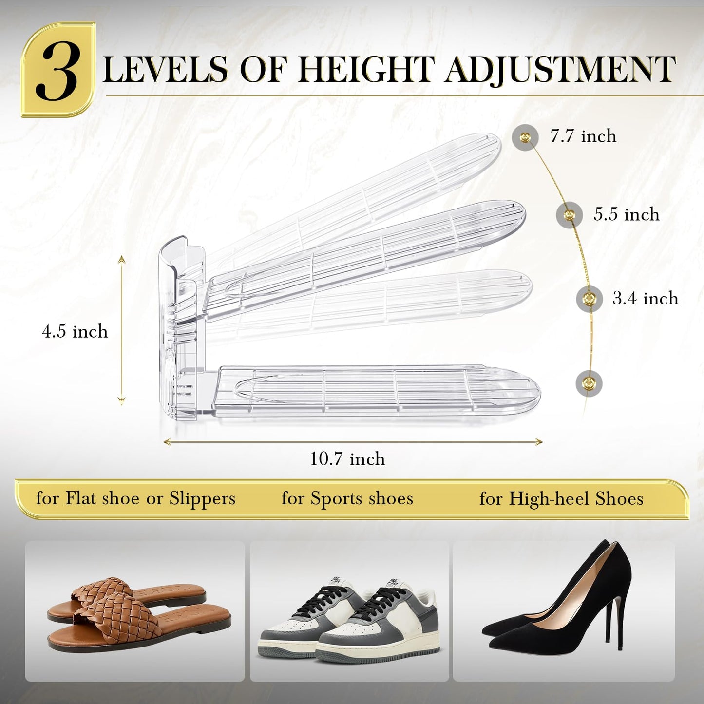 Tgzwme Shoe Slots Organizer 12 Pack - Shoe Stacker,3 Levels Adjustable,Space Savers 50%,Double Layer Holders for Closet (Transparent),Organizador de Zapatos