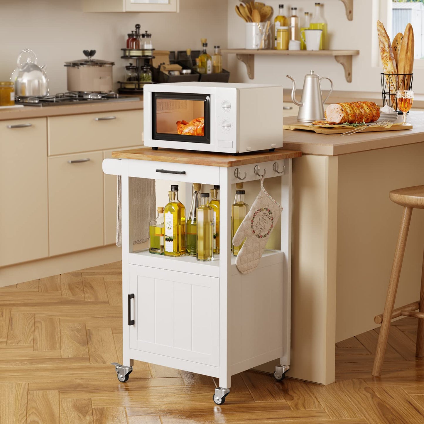Qsun Kitchen Cart with Drawer, Small Kitchen Island on Wheels, Microwave Cart, Small Home Coffee Bar, Microwave Stand, Rolling Kitchen Island Cart with Side Hook, White