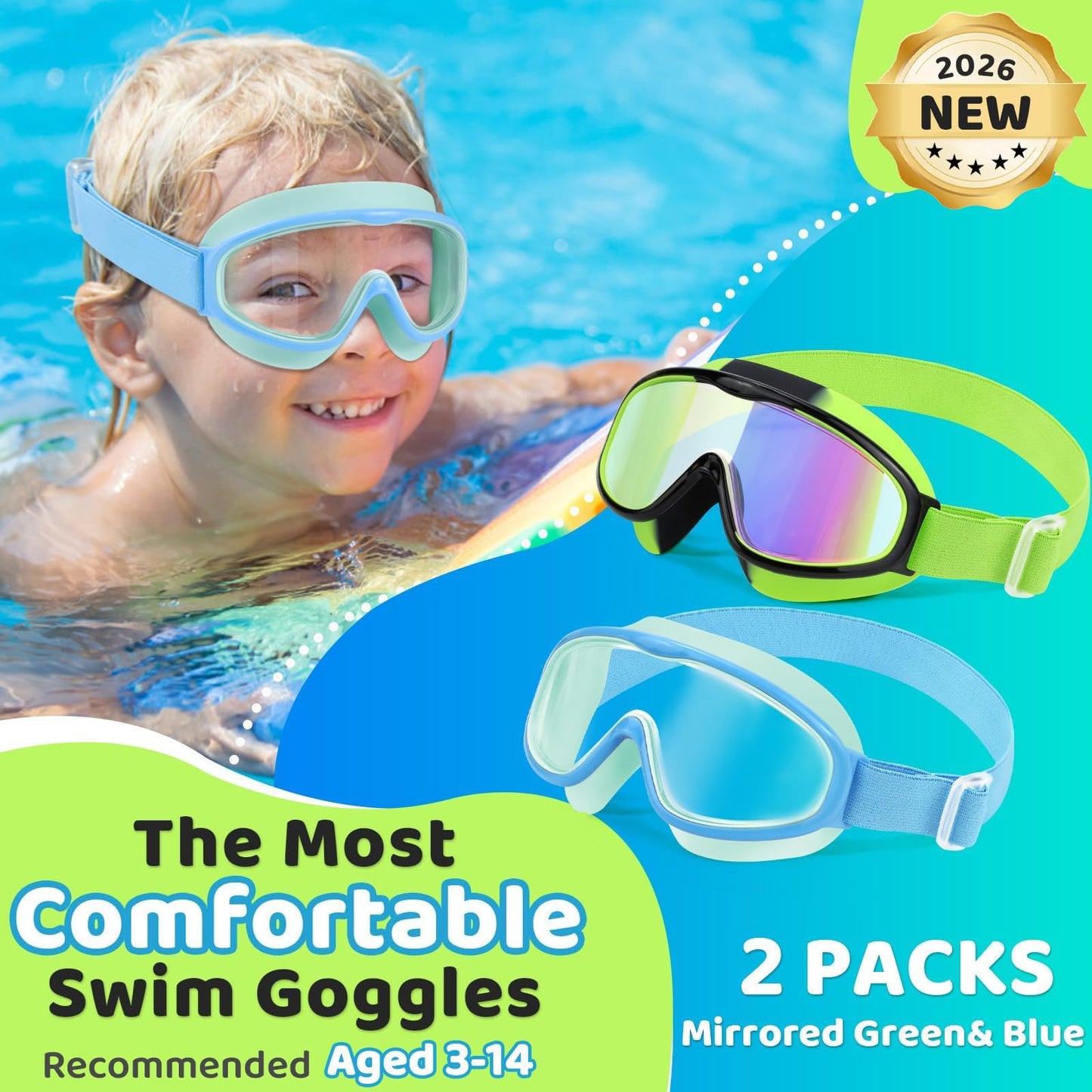 Vvinca Kids Swim Goggles 2 Pack, No Hair Pulling Comfort Fabric Strap Swimming Goggles for Kids Age 3-14, Anti-Fog/UV No Leaking Wide View Swim Mask for Toddler Boys Girls, Summer Pool Essentials