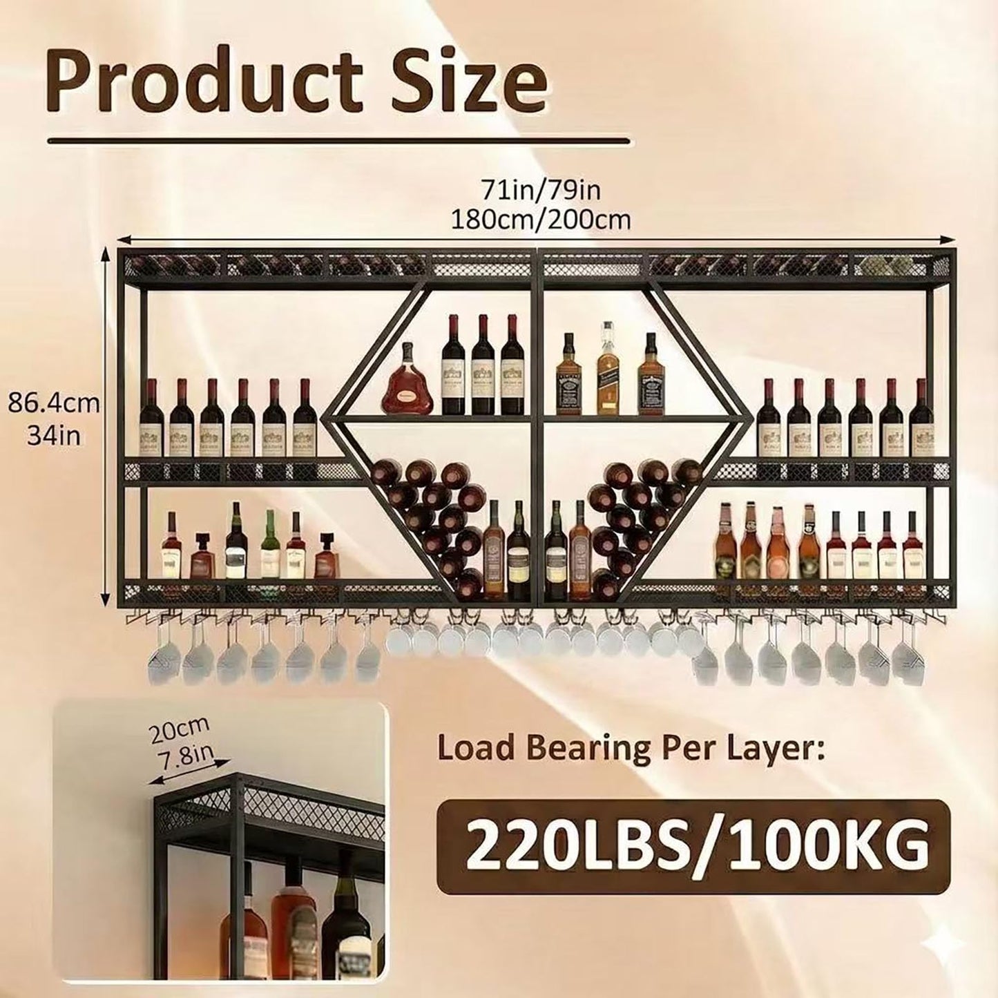71in Wall Mounted Liquor Shelves with LED Lights, Industrial Metal Wall Bar Rack with Wine Glass Holder, Large Bottle Display Shelf for Home Kitchen (Black)
