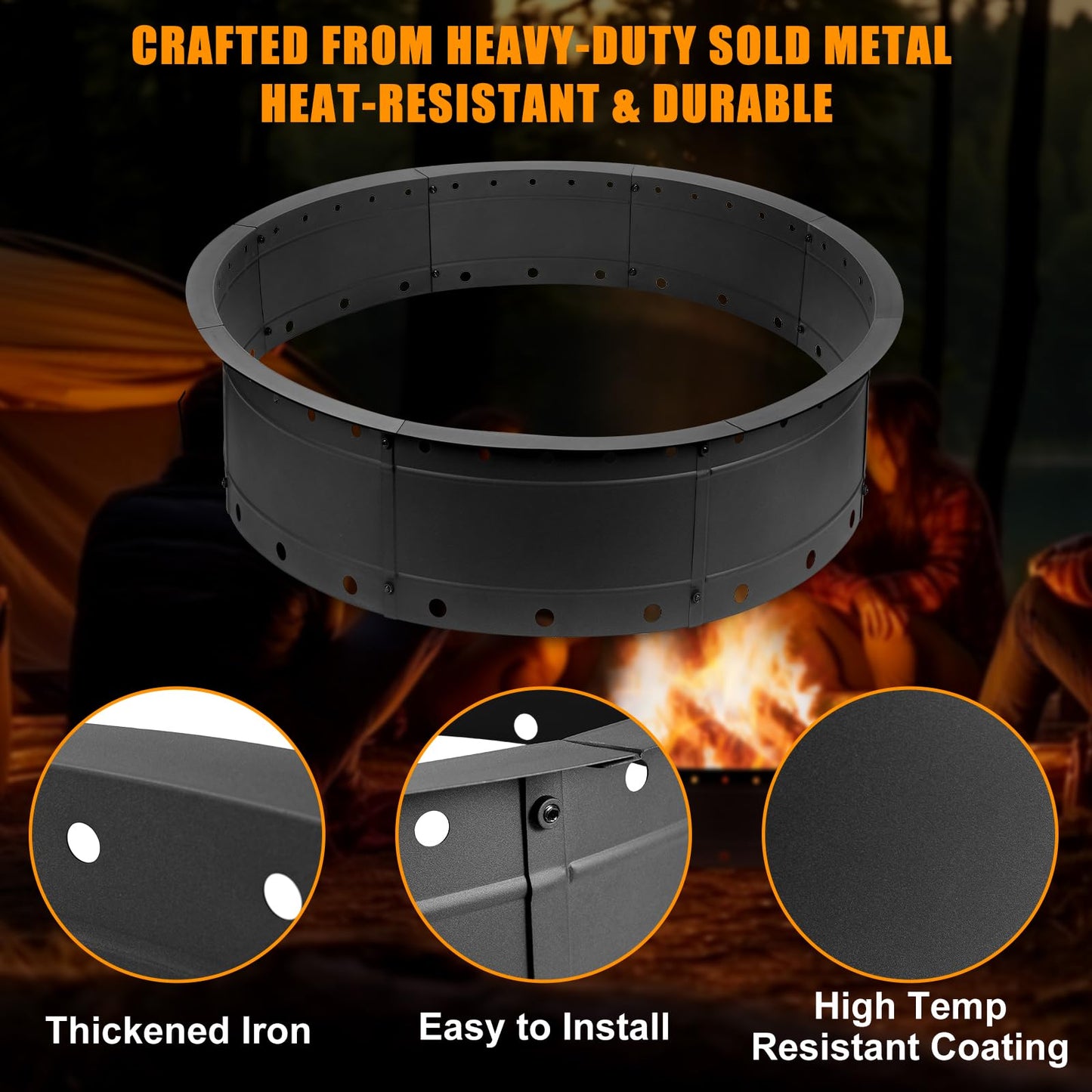Zzuvjoy 36 Inch Fire Pit Ring, Large Outdoor Campfire Pit for Patio Backyard Garden, Smokeless Steel Firepit with Air Vent for Efficient Burning & Anti-Rust Coating, Black Steel