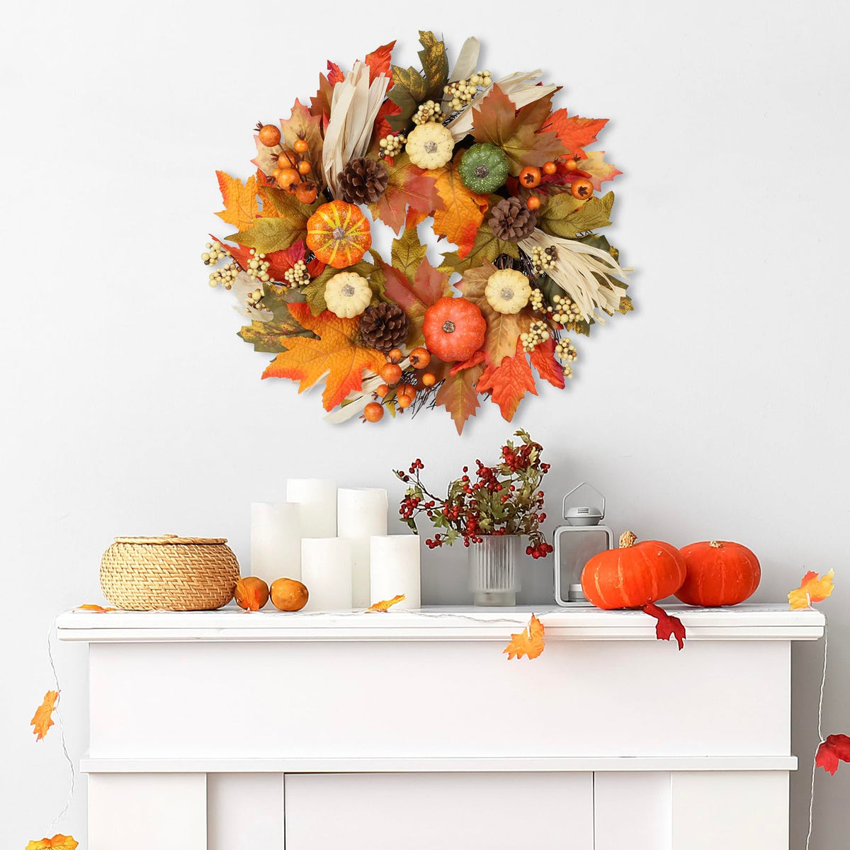 24 Inch Fall Wreaths for Front Door,Autumn Pumpkin Maple Wreath with Hanger