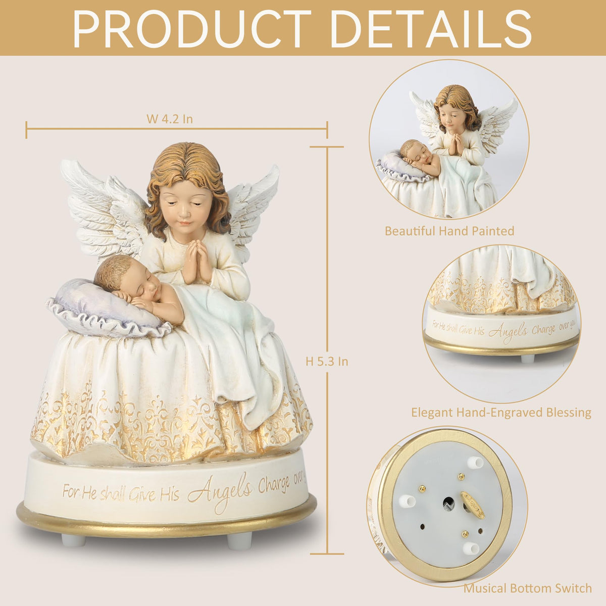 Grace4Joy Guardian Angel Music Box Figurine - 5.3 Inches Angel Music Box Figurines, Hand Painted Musical Figure Gifts for Birthday Anniversary, Baptism, First Communion