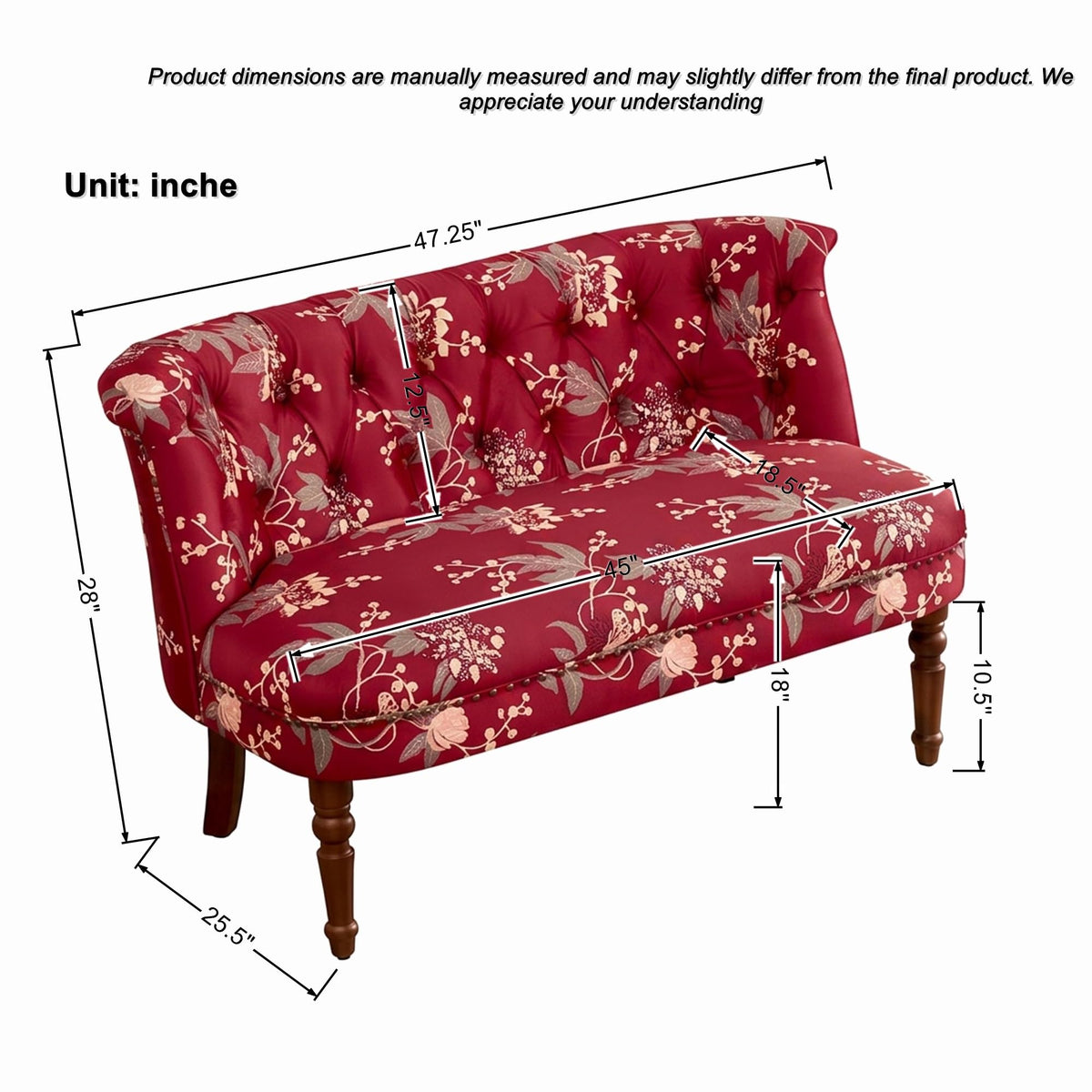 KEIKI 47.25" Floral Loveseat, Tufted Fabric Settee Couch, Red