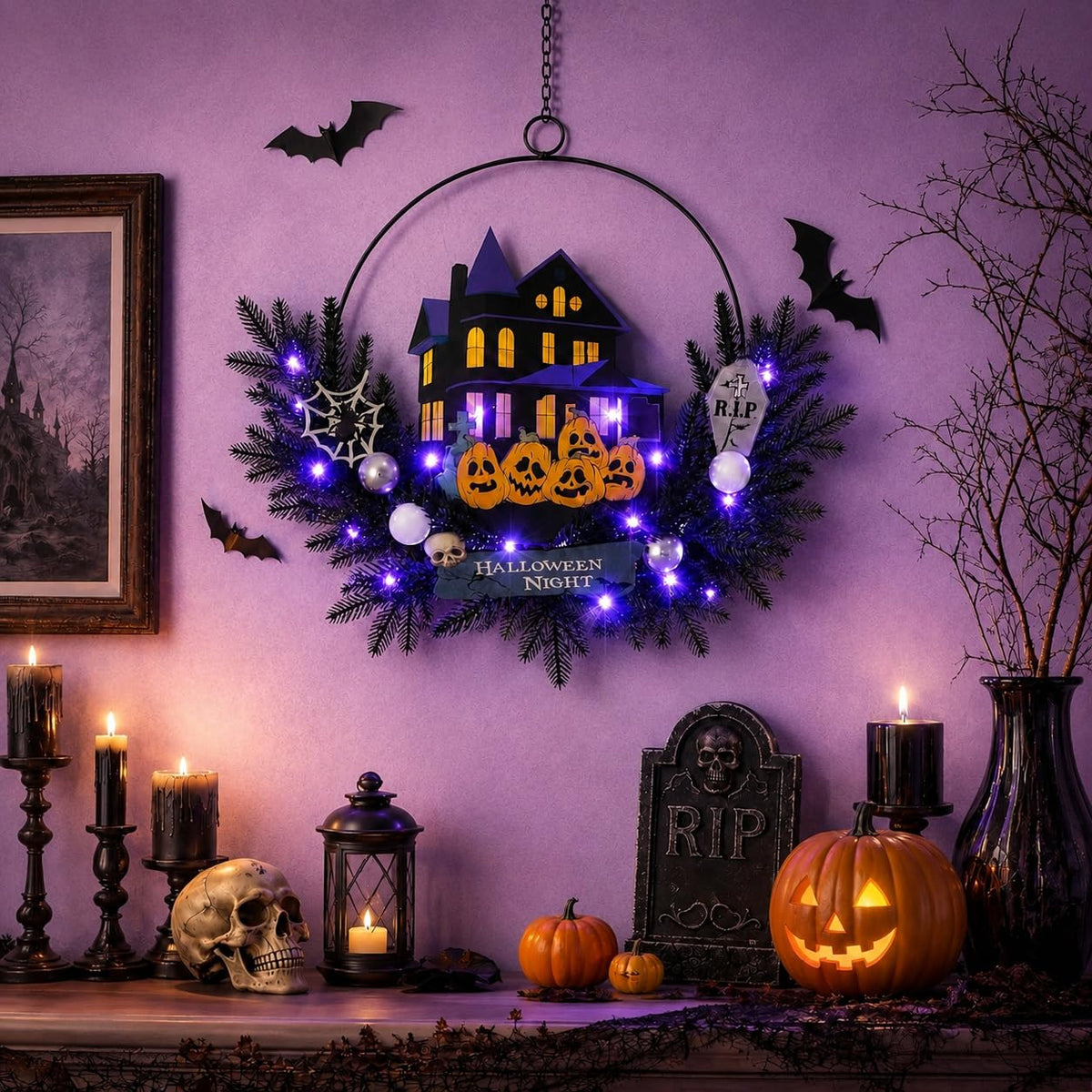 Amadecohome Halloween Wreath with Lights, 15.7 Inch, 6H On/18H Off Timer