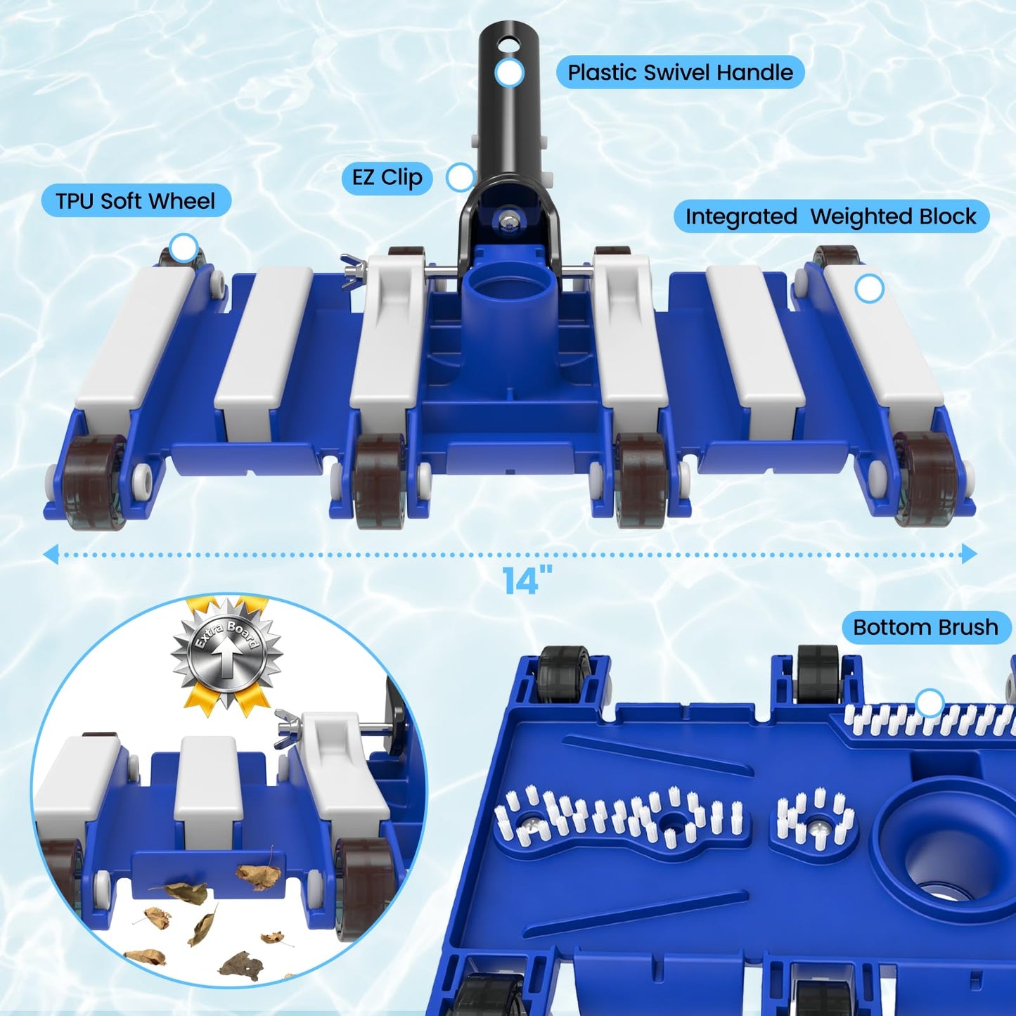 Poolvio 14" Ultra-Weighted Pool Vacuum Head with Wheels, Flexible Manual Pool Cleaner with Bottom Brushes & Swivel Handle for Deep Cleaning Inground Pools, 1.5" Hose Port (NO Pole & Hose)