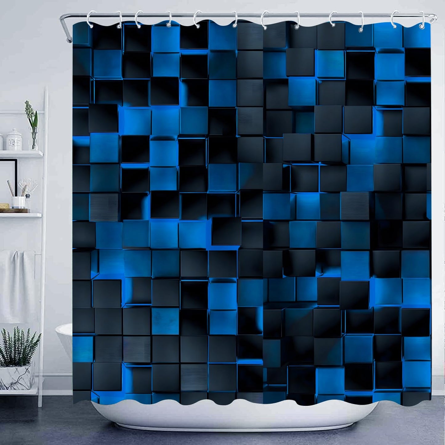 NBVKO 3D Cubes Shower Curtain，Blue Black Shower Curtains for Bathroom，Modern Bathroom Shower Curtain，Washable Fabric Bath Curtain 72''x72''