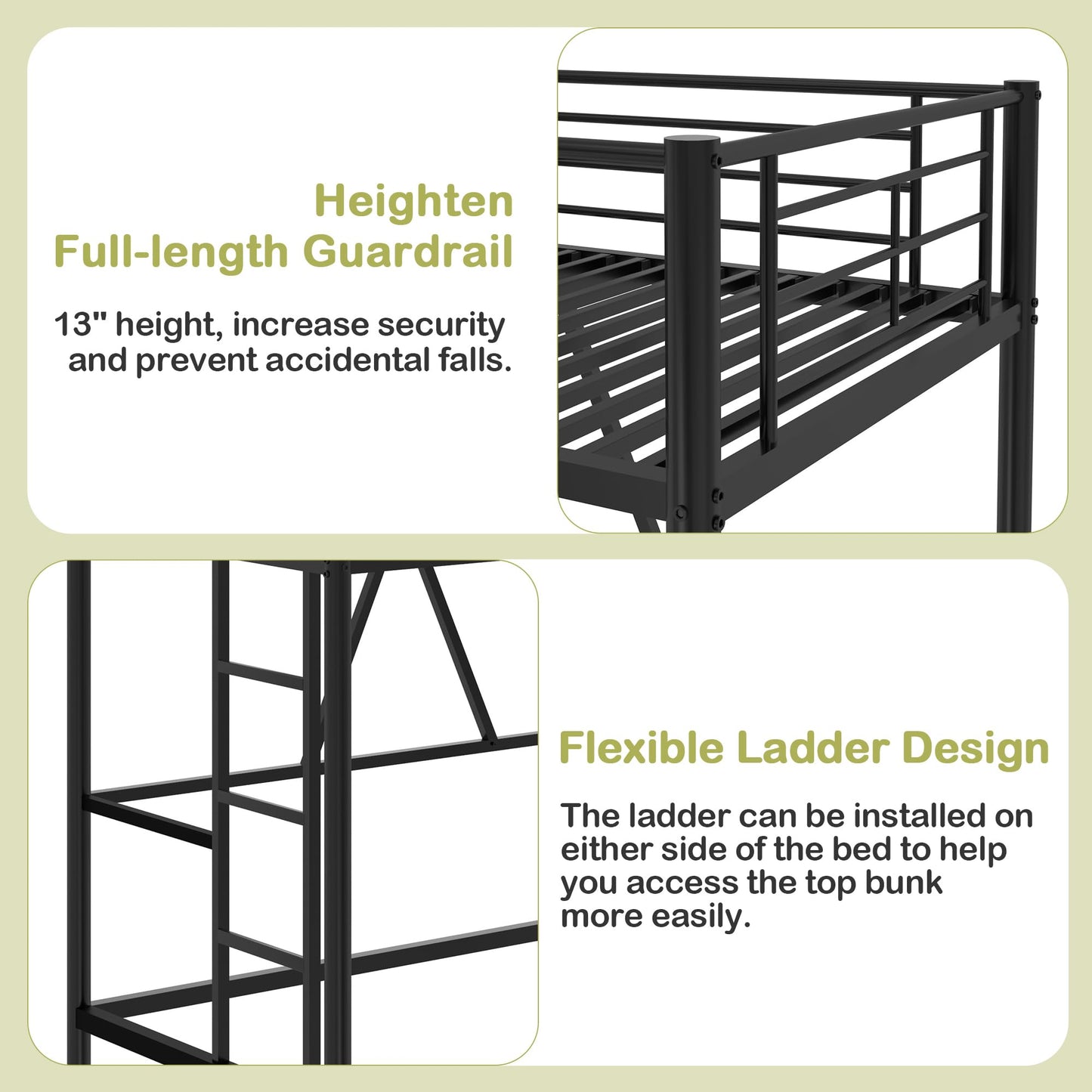 VECELO Metal Loft Bed Twin Size, Heavy Duty Bedframe with Removable Ladder and Safety Guardrail, Space-Saving, Noise Free, No Box Spring Needed, Matte Black
