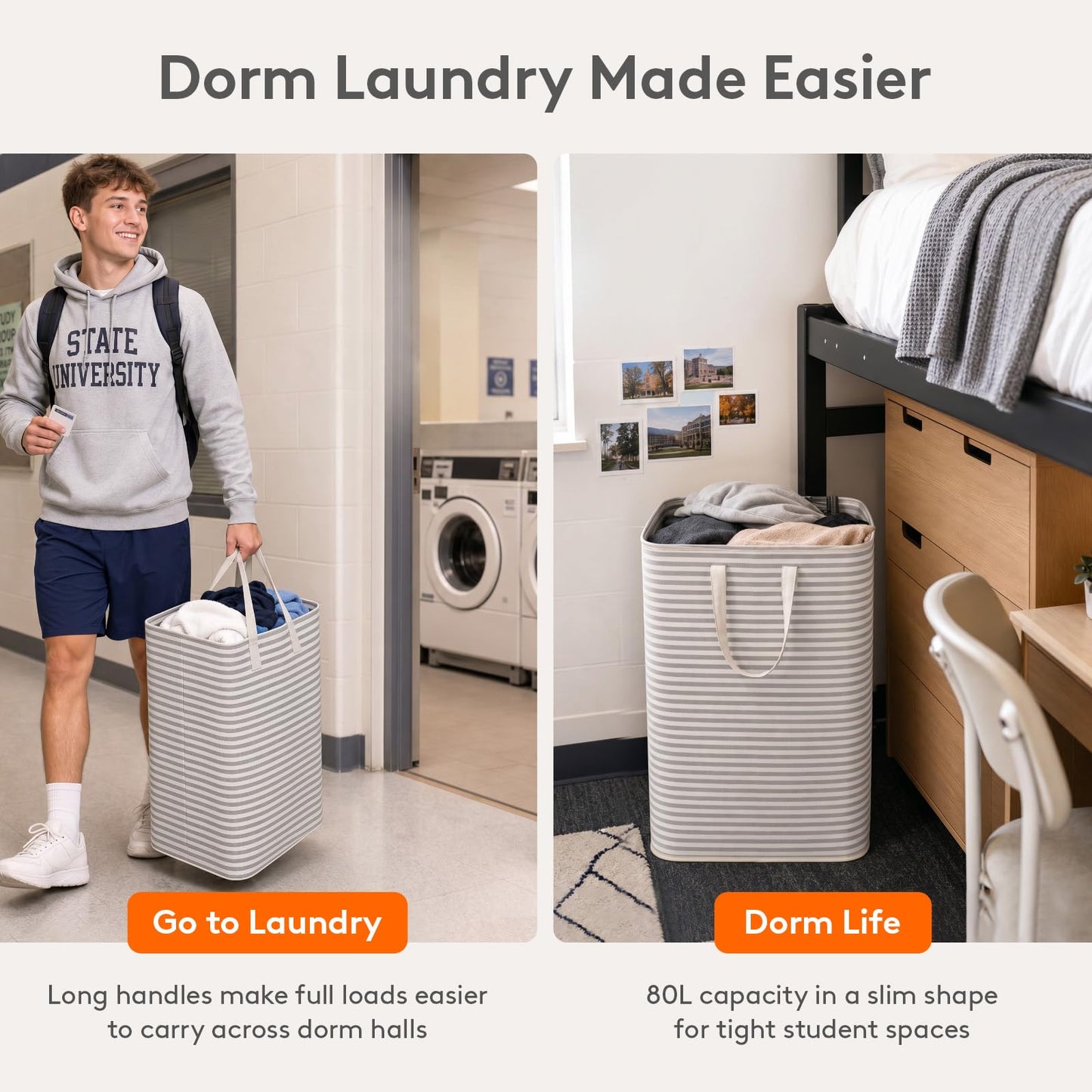 Lifewit 80L Large Laundry Baskets, 2 Pack, Reinforced Handles, Grey