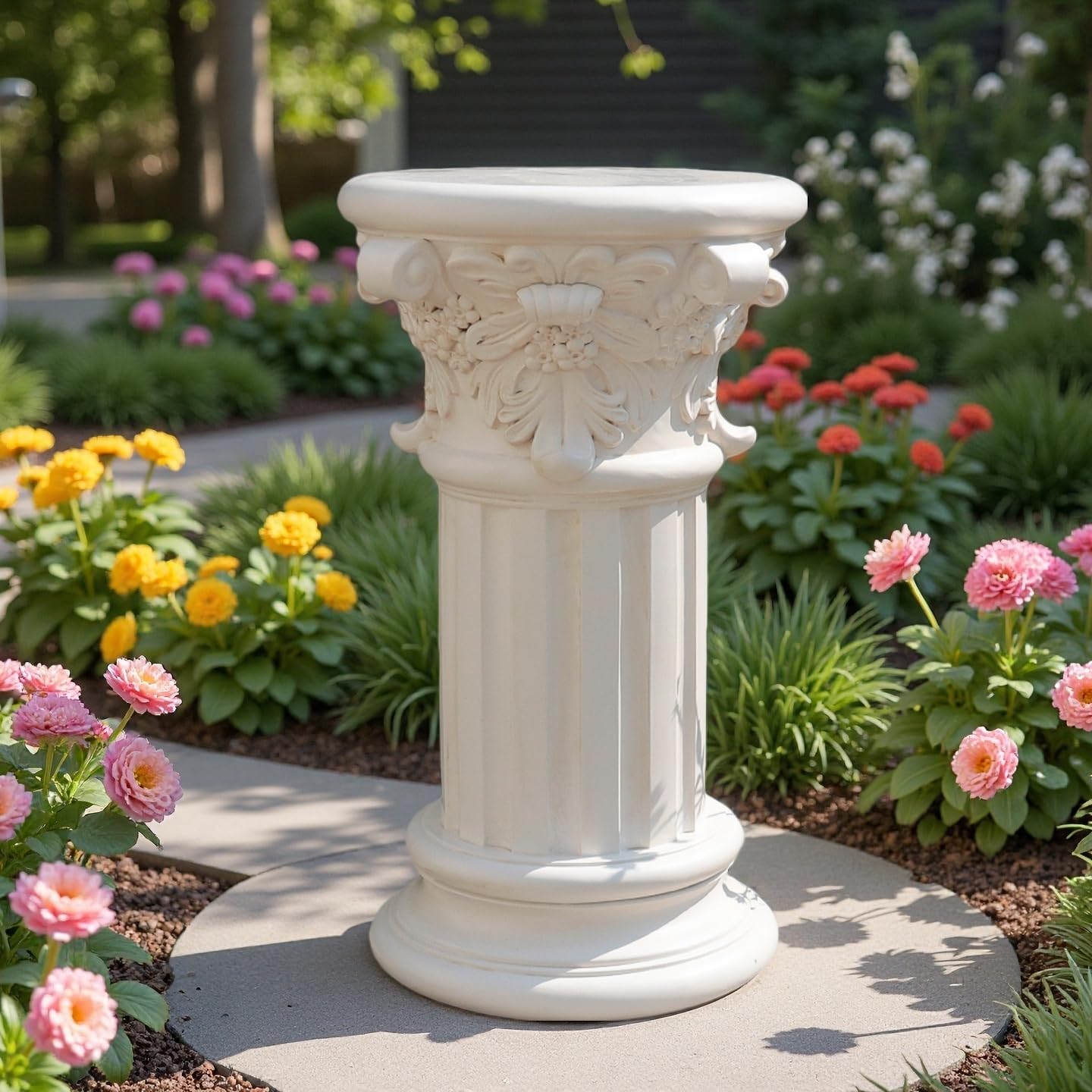 English Rosette Indoor Outdoor Sculptural Garden Plinth Base Statue Riser, Weatherproof Sturdiness Plinth Base Statue Riser for Statues, Flower Pots, Decor, Cast Stone Resin, Antique Stone Finish (D-)