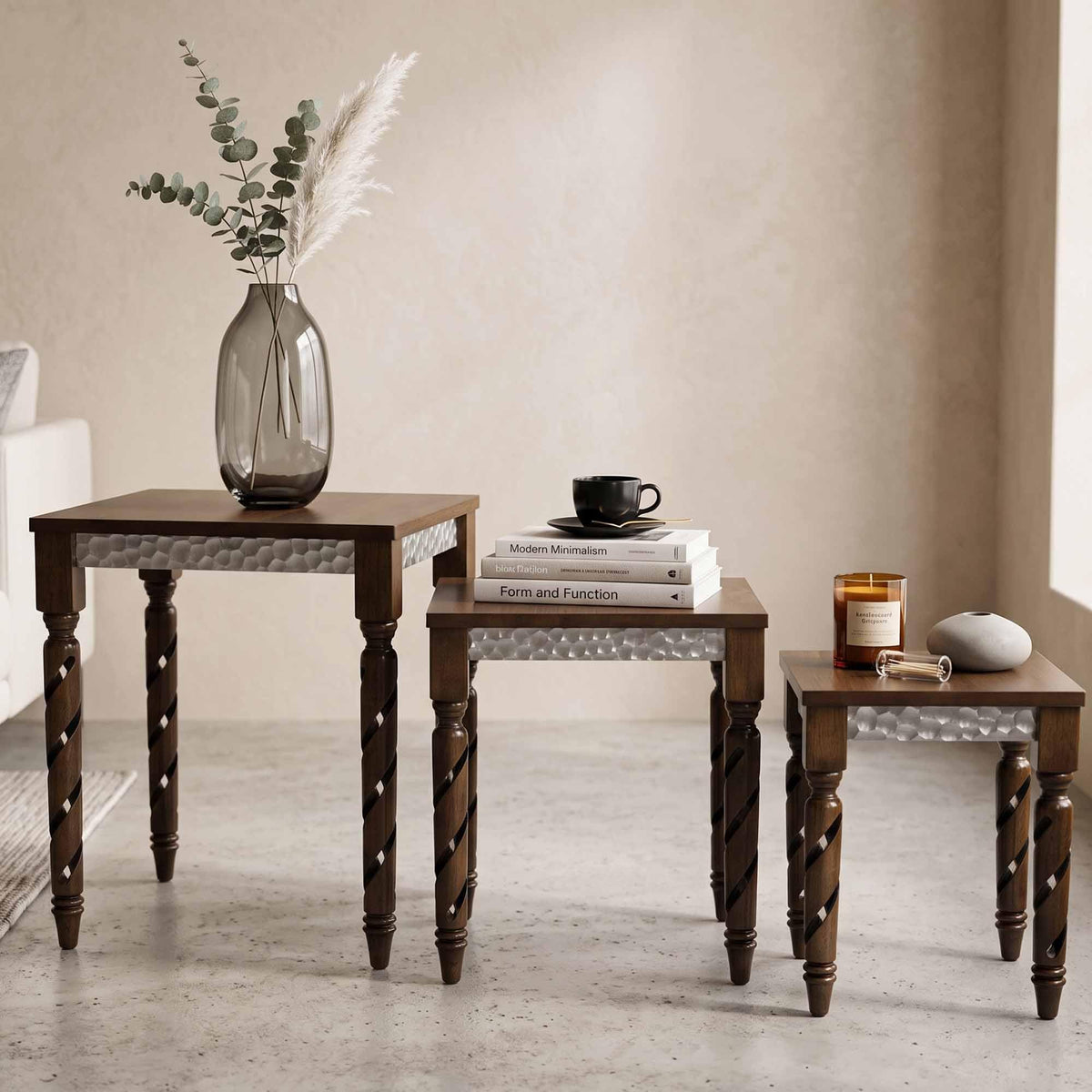 Hyfirm Nesting Tables Set of 3, Walnut Mid Century Modern Accent Tables with Spiral Rubber Wood Legs & Silver Honeycomb Apron, Retro Stackable Side Tables for Living Room, Bedroom & Small Apartments