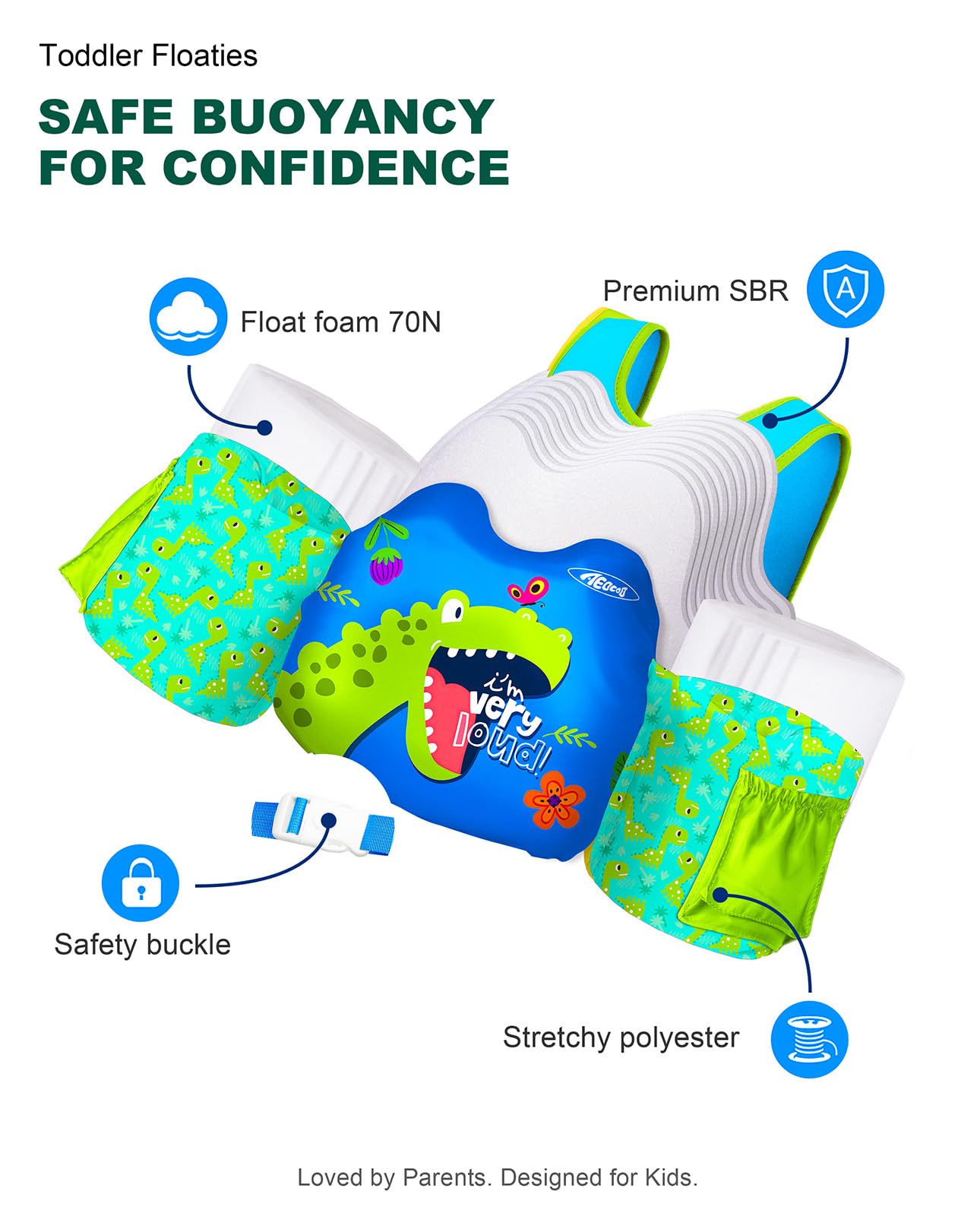 AEOCOO Puddle Float Jumper 20-30 Pounds, Toddler Swim Vest for 1-2-3 Years Old, Pool Floats with Swimming Arm Floaties Swim Jacket with Water Wings for Kids Swimmies, Boys, Girls, Niños, Dinosaur