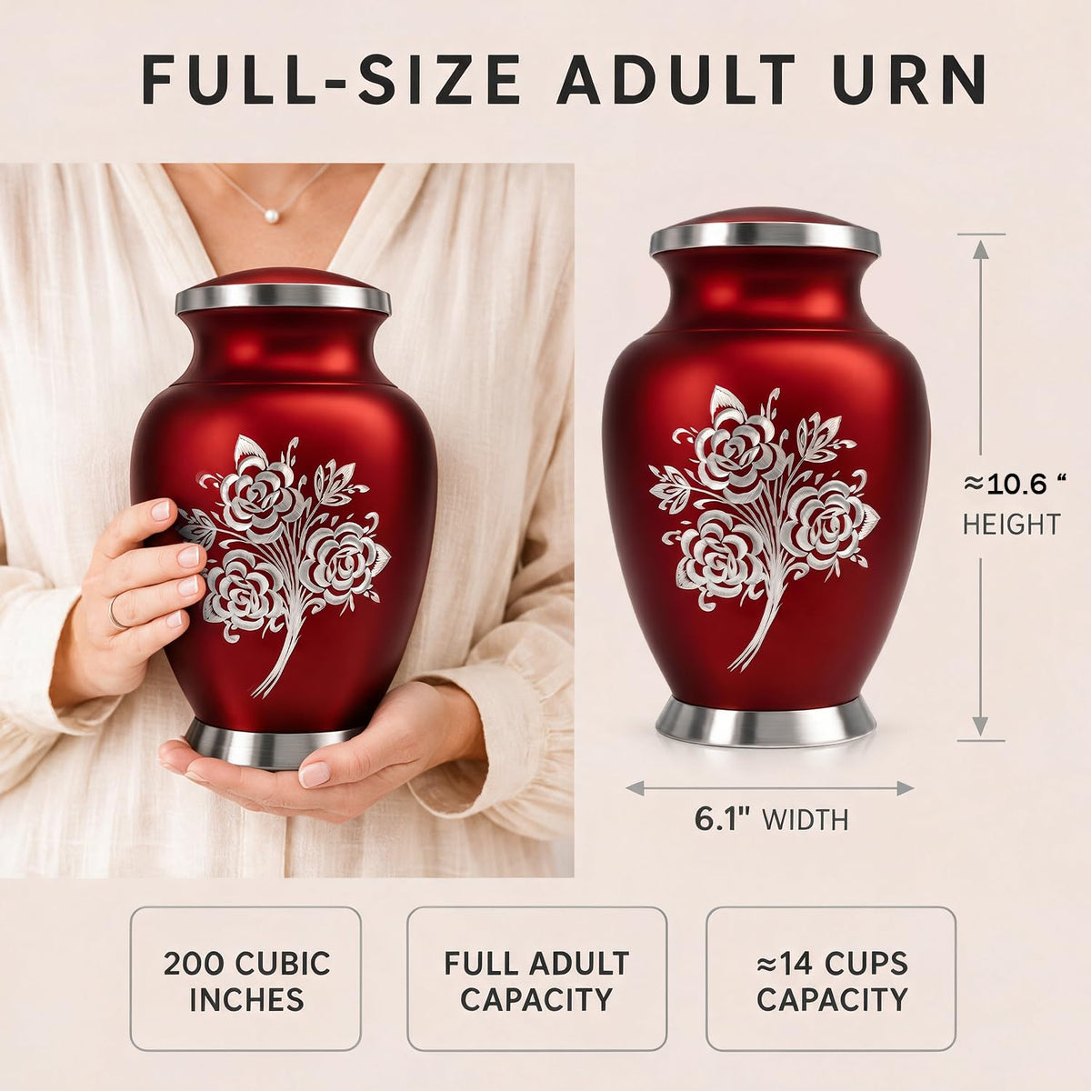 Large Cremation Urns for Human Ashes Adult Female - 200 Cubic Inches Capacity - Handcrafted Rose Urn Design - Honor Your Loved Ones with Decorative Funeral Urn for Ashes for Women (Red)
