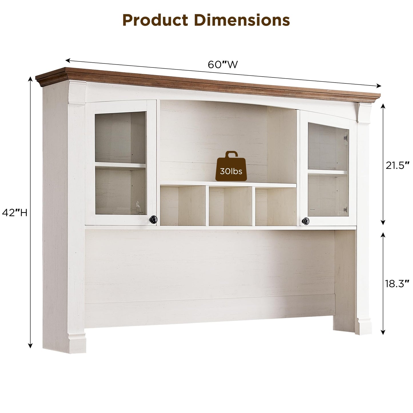 OKD 60" Farmhouse Desk Hutch, Glass Door Storage Cabinet, Antique White