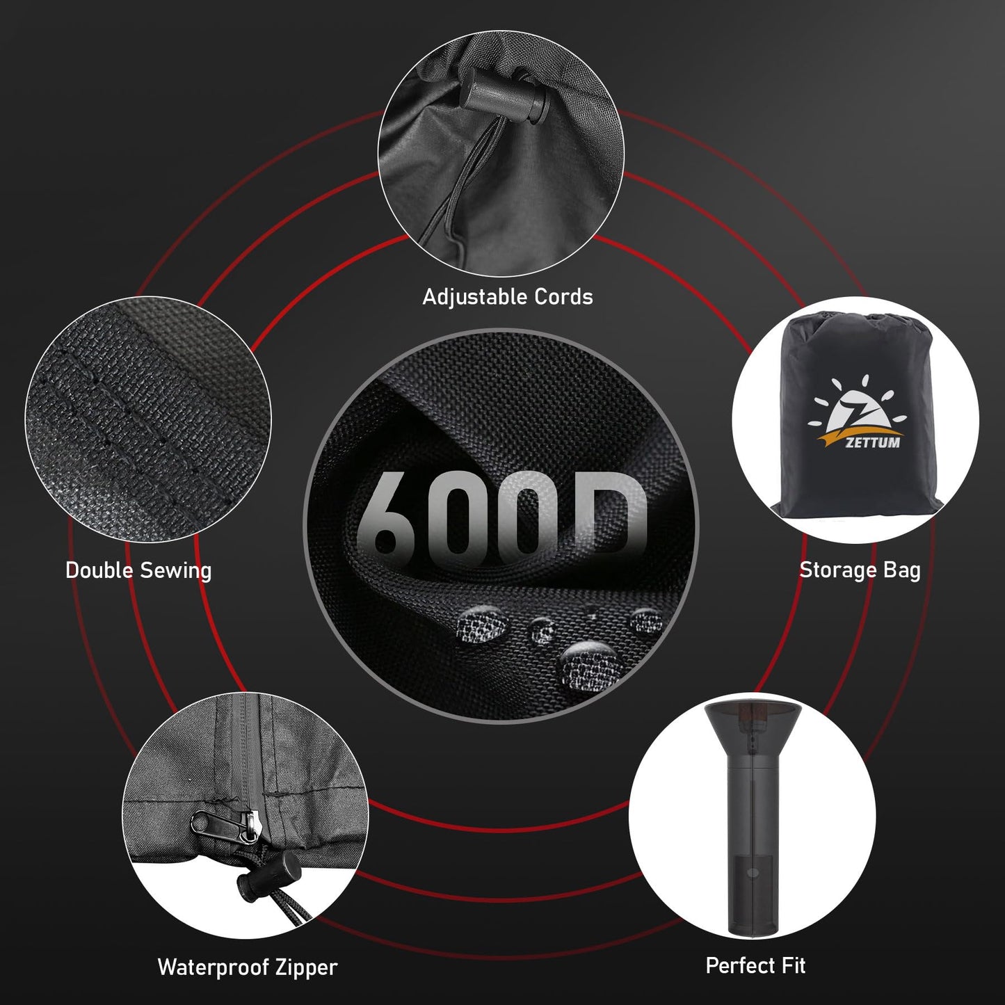 Zettum Patio Heater Covers - 600D Outdoor Heater Cover with Zipper Waterproof Heavy Duty, Propane Heat Cover for East Oak, Hampton Bay, Fire Sense and More (89" Height x 33" Dome x 19" Base)