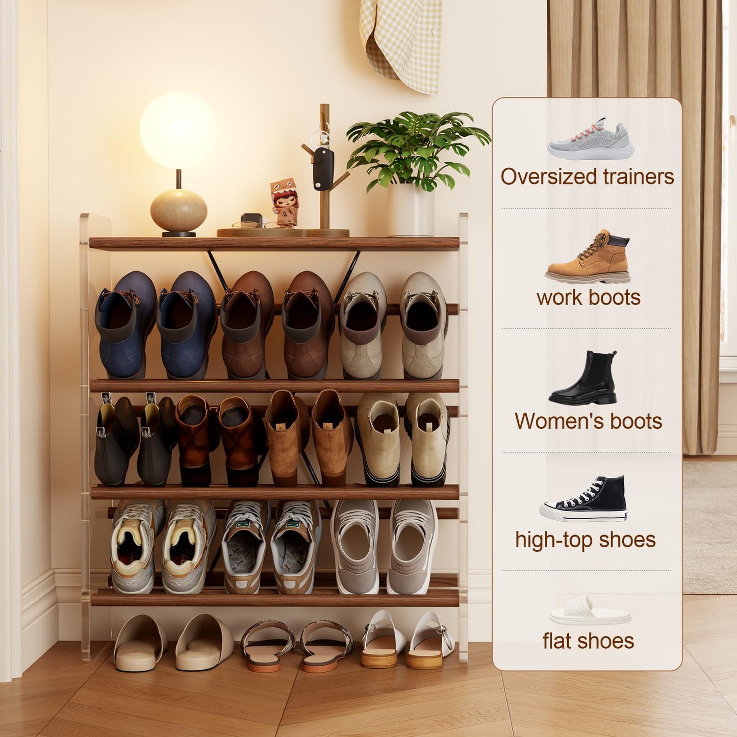 YQJJGL Shoe Rack, 4-Tier Slanted Shoe Shelf with Wooden Top Panel, Solid Wood and Acrylic Shoe Organizer Rack, Shoe Storage Rack Ideal for Entryway, Bedroom, Closet and Living Room (Walnut 29" W)