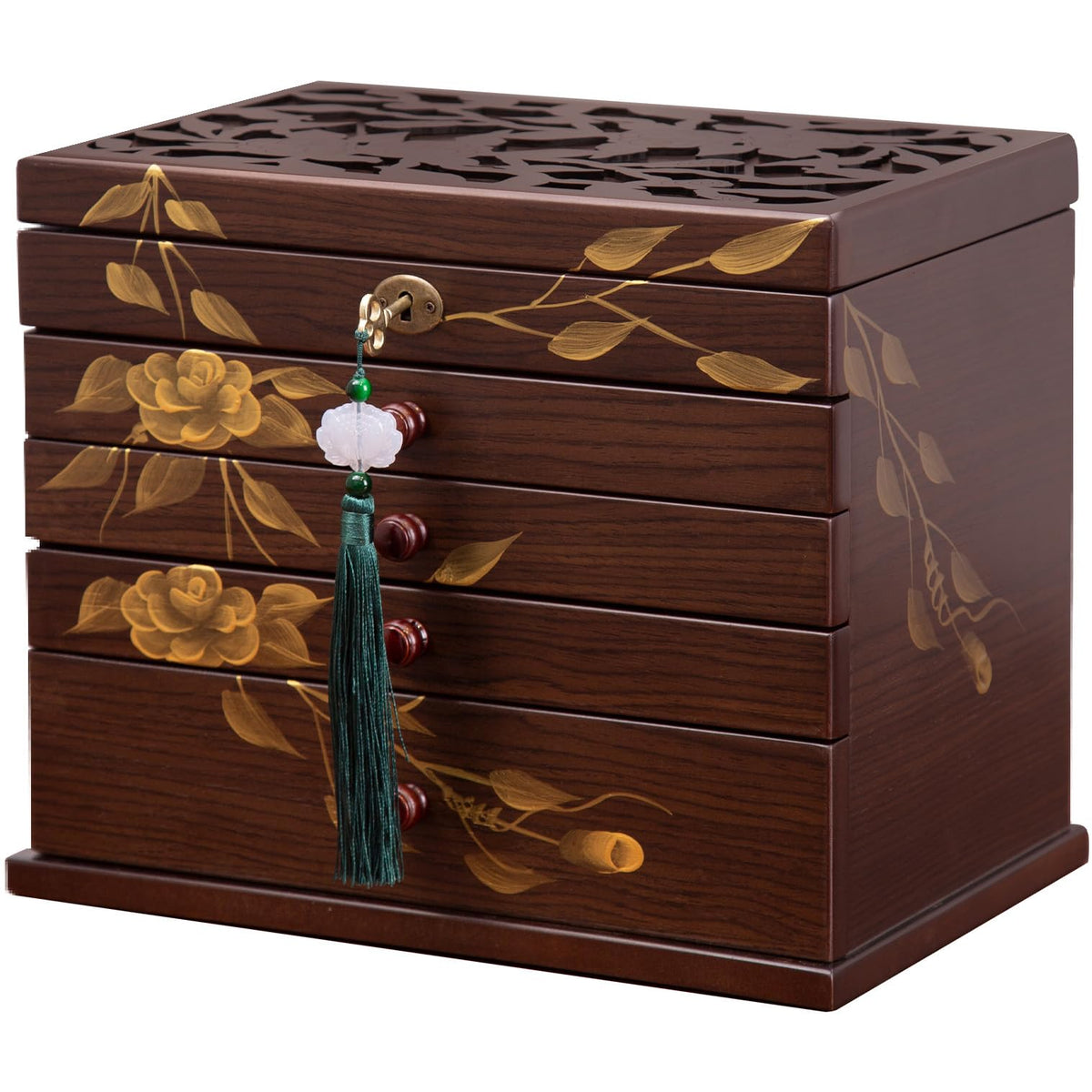 Painted Wooden Jewelry Box for Women, 6-Layer Vintage Organizer with Lock