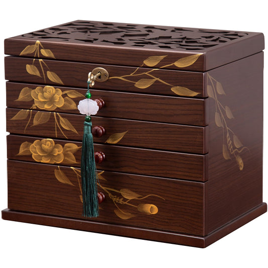 Painted Wooden Jewelry Box for Women, 6-Layer Vintage Organizer with Lock