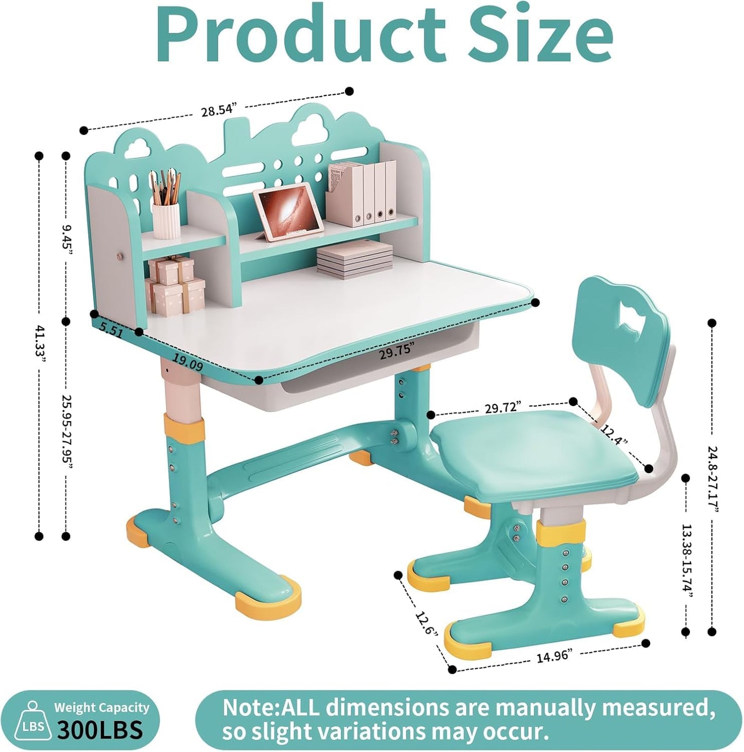Kids Study Desk and Chair Set - Height Adjustable Study Writing Table with Bookstand and Storage Drawer, Child School Study Writing Table Ergonomic Widened Desktop Art Desk for Boy & Girl (Cyan)