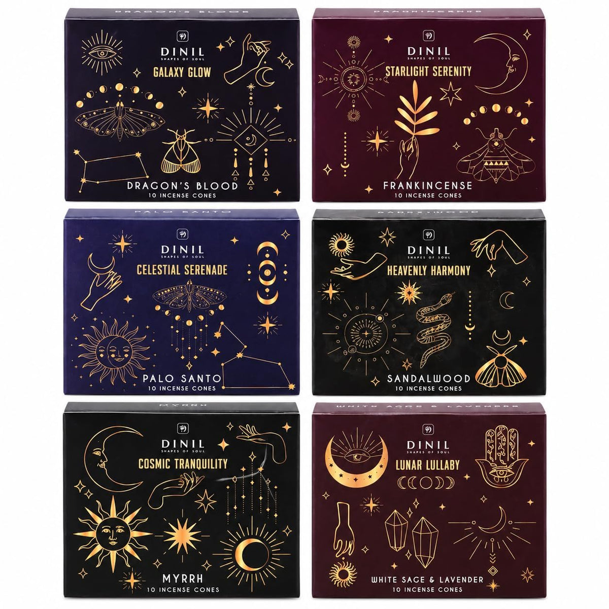 Dinil Cosmic Aura Incense Cones Variety Pack, 60 Cones, 6 Fragrances