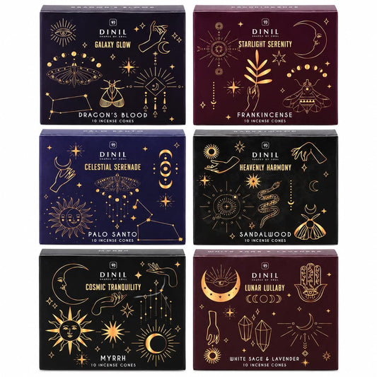 Dinil Cosmic Aura Incense Cones Variety Pack, 60 Cones, 6 Fragrances