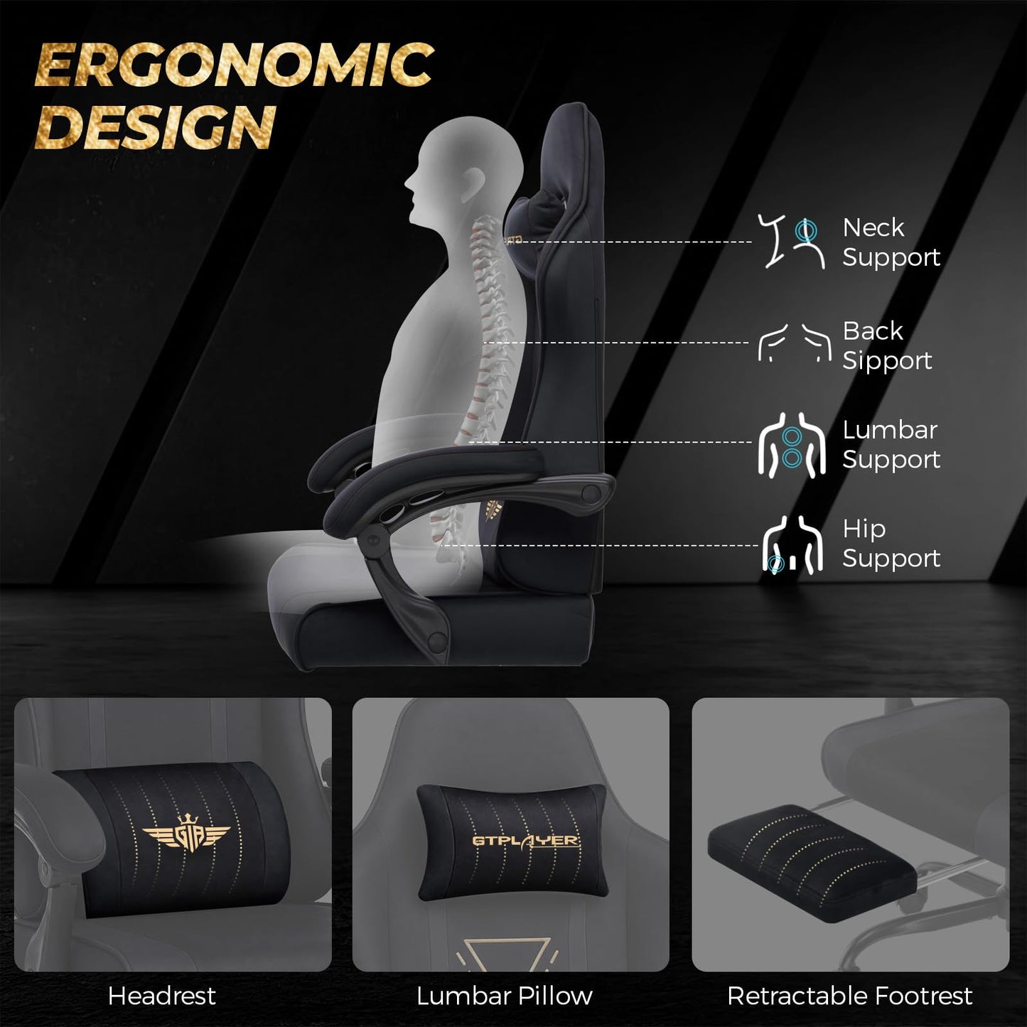 GTPLAYER Video Gaming Chair Fabric, Ergonomic Computer Chair with Footrest and Pocket Spring Cushion, Height Adjustable Video Gamer Chair with Lumbar Support for Adults, Black