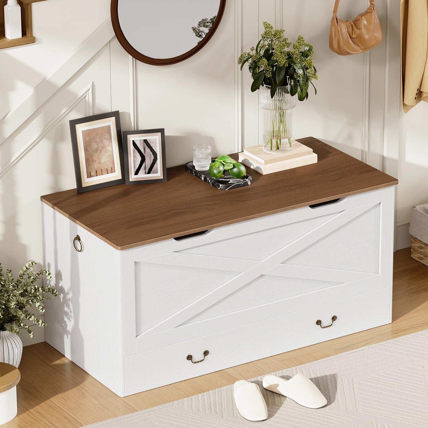 RALGEND Toy Chest, 39.4" Storage Chest with Drawer and Pull Handles, Wooden Storage Bench with Lift Top, Storage Trunk for Living Room, Bedroom, Entrance, White and Walnut