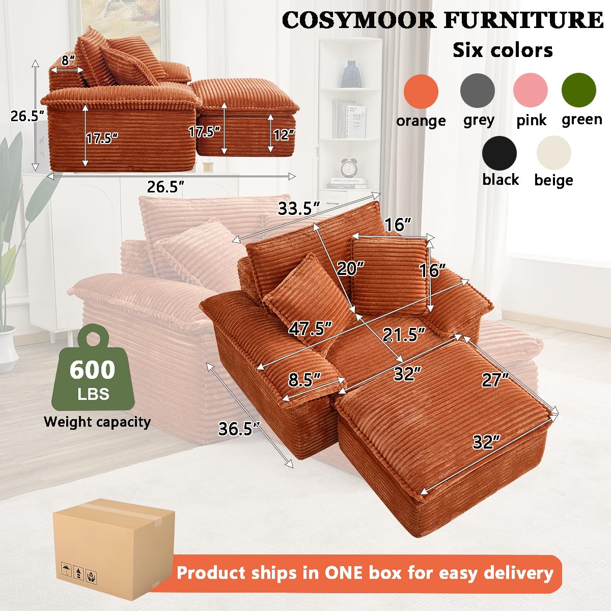 COSYMOOR Chaise Lounge Chair Indoor with Ottoman, 47 Inch Oversized Corduroy Boneless Sofa Bed, Deep Seat Sleeper Couch Reading Chairs, Cloud Compact Sofas Couches for Living Room,No Assembly Required