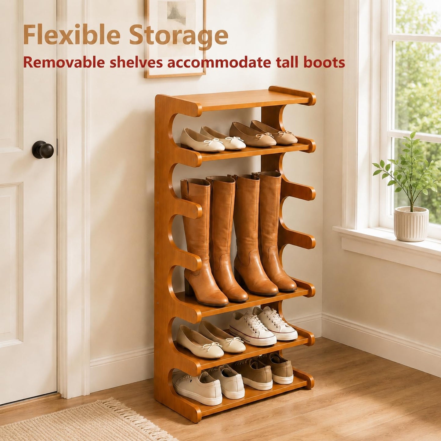 Vertical Bamboo Shoe Rack for Entryway - 7 Tier Tall Narrow Wooden Shoe Rack Tower, Freestanding Floor Shoe Storage Organizer for Closet, Bedroom, Corner & Small Spaces, Heavy Duty Open Shelf, Walnut