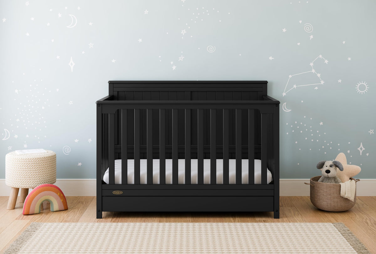 Graco Hadley 5-in-1 Convertible Crib with Drawer (Black) – GREENGUARD Gold Certified, Fits Standard Crib Mattress, Converts to Toddler Bed, Daybed and Full Bed, 4 Adjustable Mattress Heights