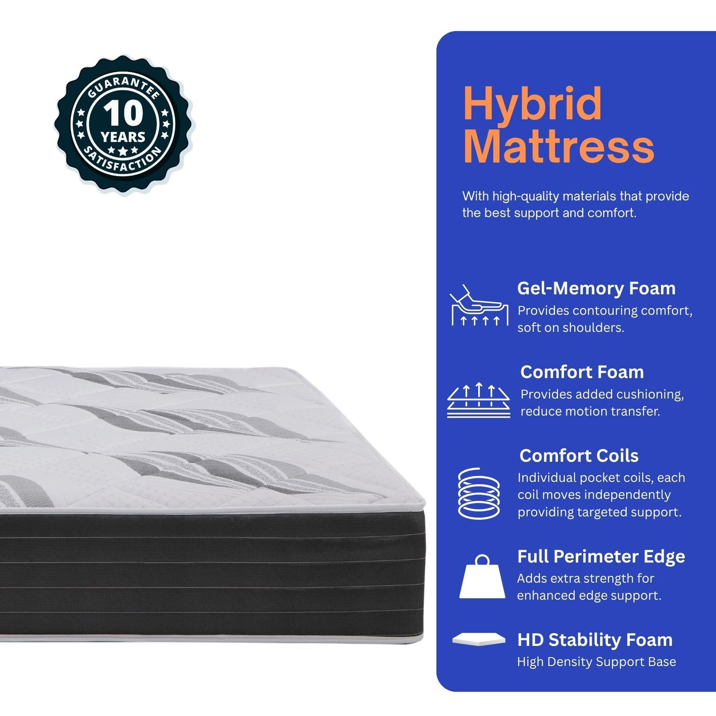 Foam Global Roam 2.0 RV 12" Hybrid Mattress with Gel Memory Foam, RV Short King 72x75 Mattress, Luxury Medium Feel Made in USA
