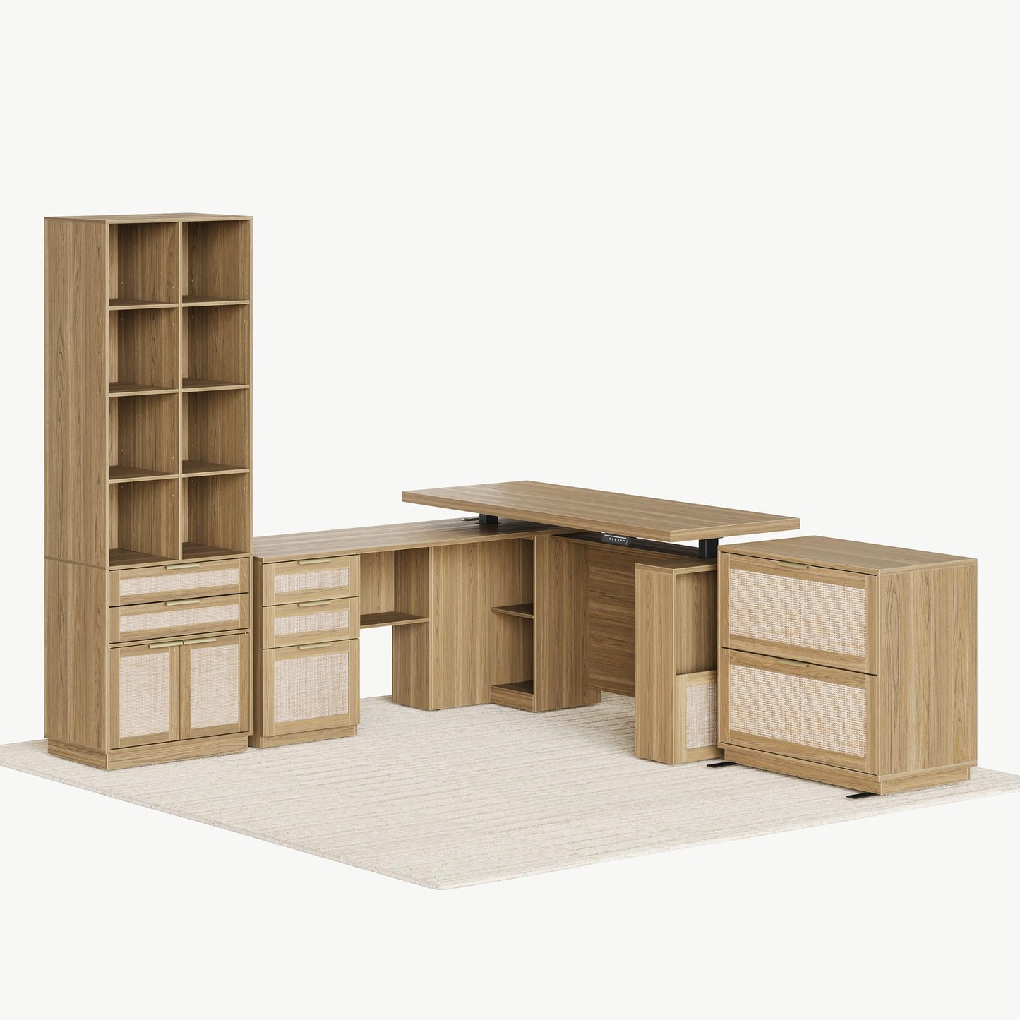 Perledesign Home Office Furniture Set, 63'' Electric Standing Desk with 73'' Bookshelf and 2 Drawer Lateral File Cabinet, Office Furniture Desk Sets, Rattan Style Natural Oak