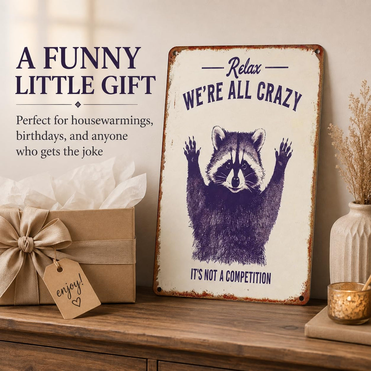 Relax We're All Crazy Raccoon Metal Sign 8x12 Inch, Funny Garage Decor