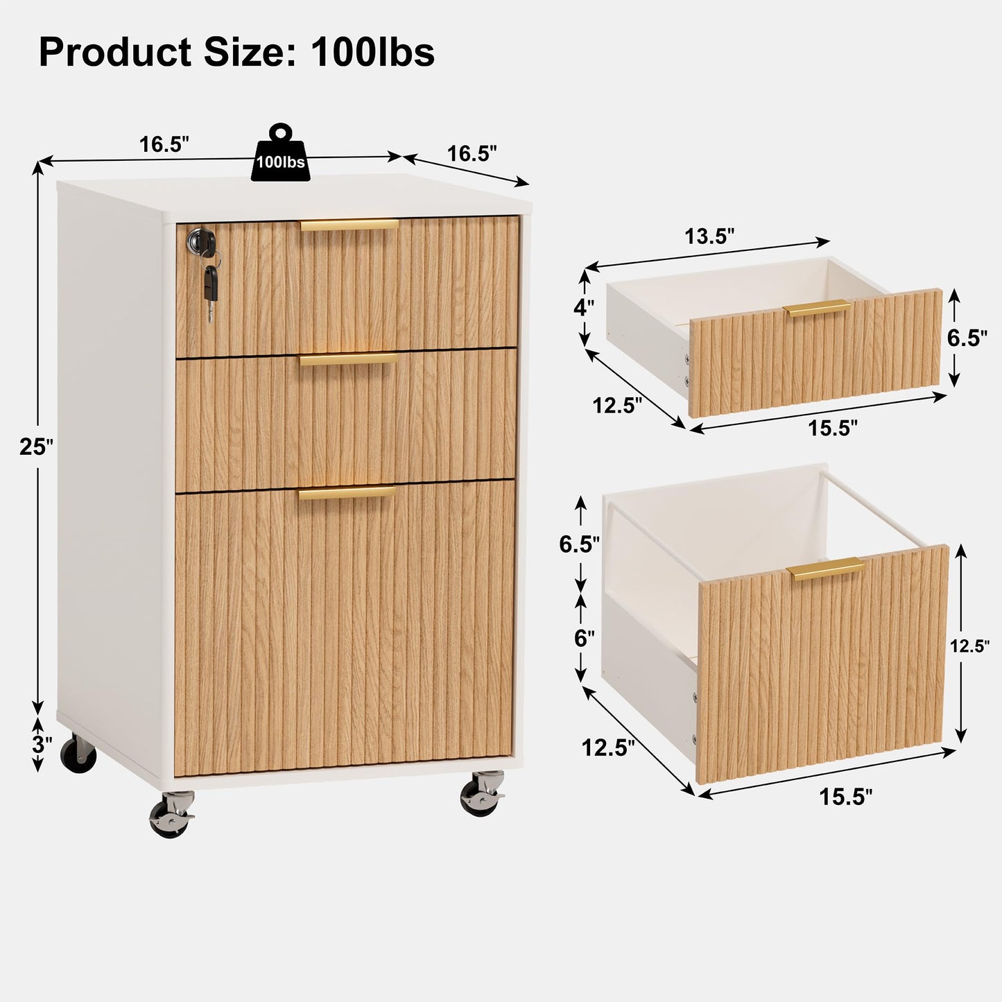 3 Drawers Fluted Mobile File Cabinet with Lock, Rolling File Cabinet Printer Stand Table, Under Desk Wooden Filing Cabinets for Home Office Essentials Storage Organization Furniture Letters/A4(Oak)