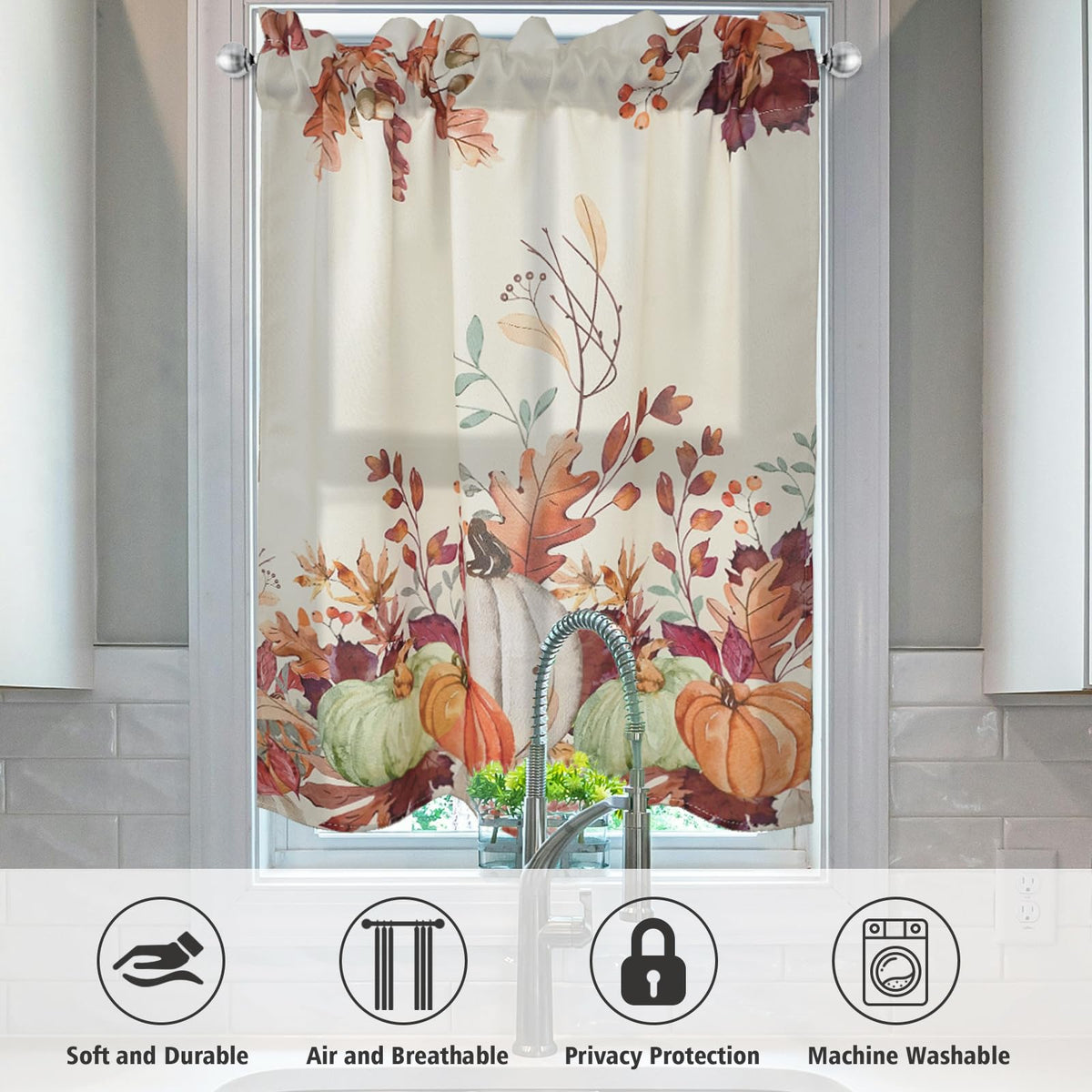Zifmrtrwn Fall Kitchen Curtains 3 Piece Set Pumpkin Maple Leaves Curtains Valance & Tiers for Kitchen Home Indoor Cafe 36 Inch Short Window Curtain Over Sink Window Farmhouse Thanksgiving Decor
