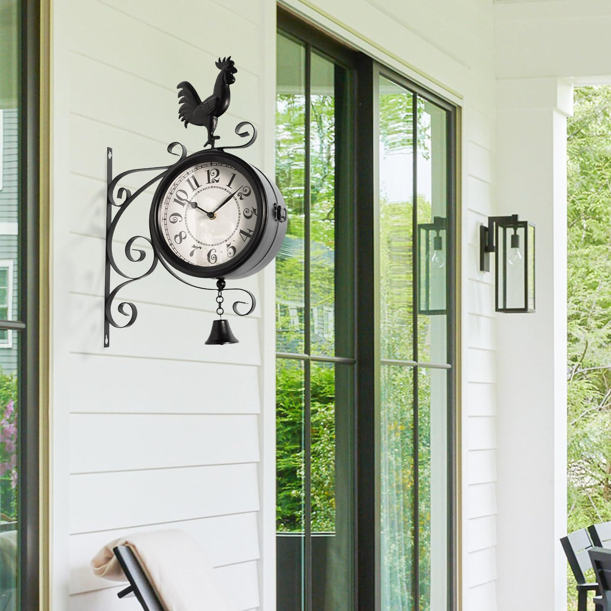 MACVAD Double-Sided Outdoor Wall Clock with Interchangeable Rooster, Bird & Bear Topper, 360° Rotating Iron Hanging Clock, Silent Non-Ticking Quartz Movement, Rustic Farmhouse Porch Garden Decor