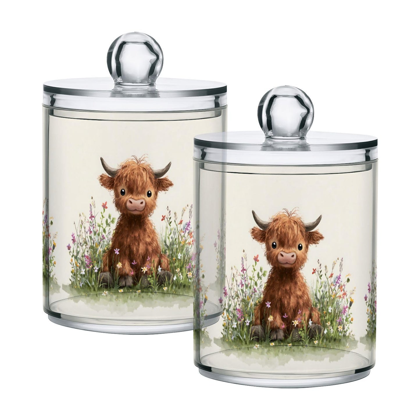 Xmycdz 2 Pack Pattern Oil Painting Cute Cow Apothecary Jars with Lid, 11 Oz Clear Plastic Apothecary Jar Set Qtip Holder Storage Containers for Cotton Ball Swabs Bathroom Vanity