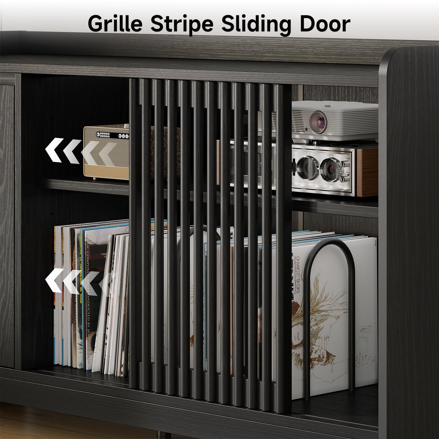 ONBRILL 48" Record Player Stand w/Flip-Out Storage Cabinet, Sliding Door