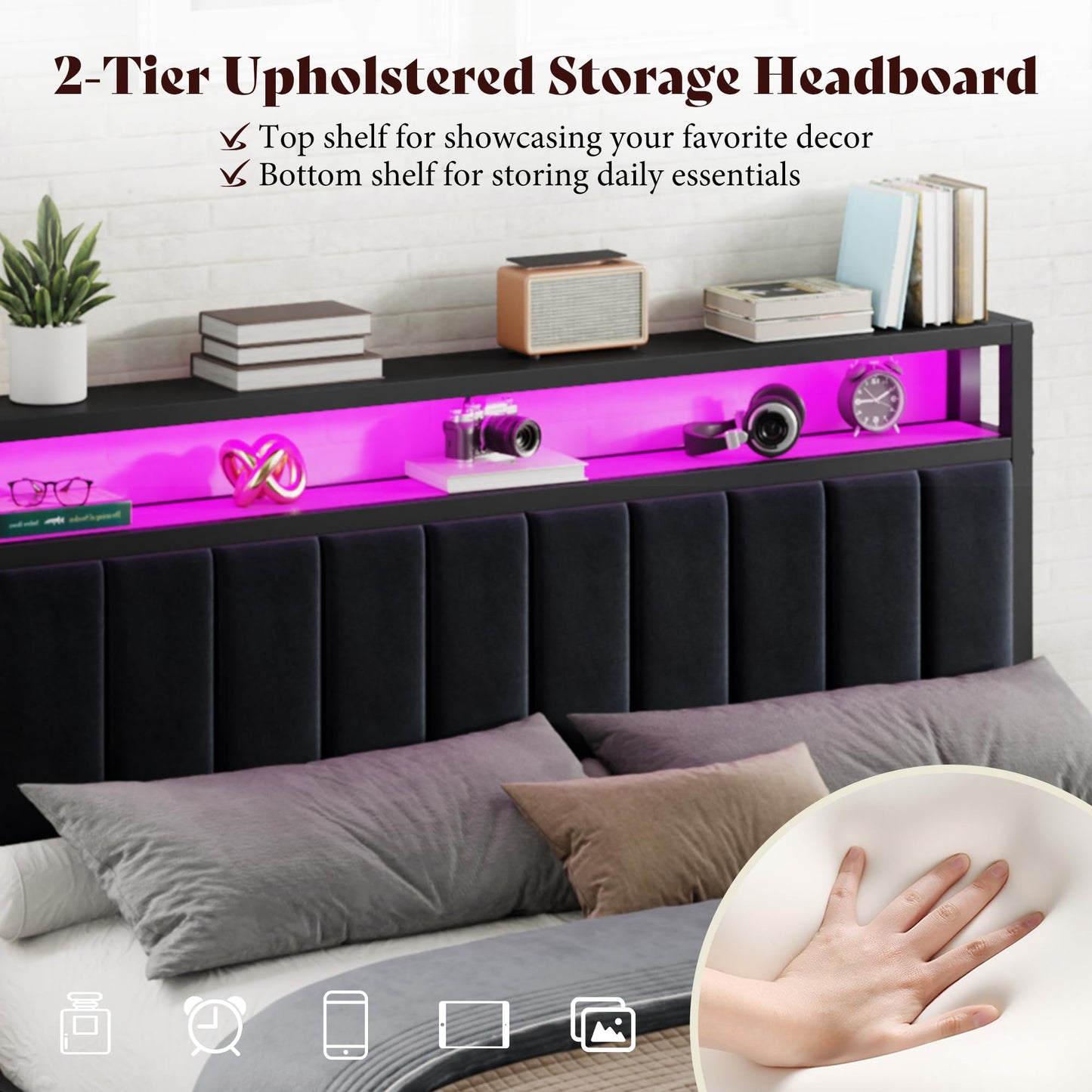 AMERLIFE Queen Bed Frame with LED Lights & 2-Tier Storage Headboard