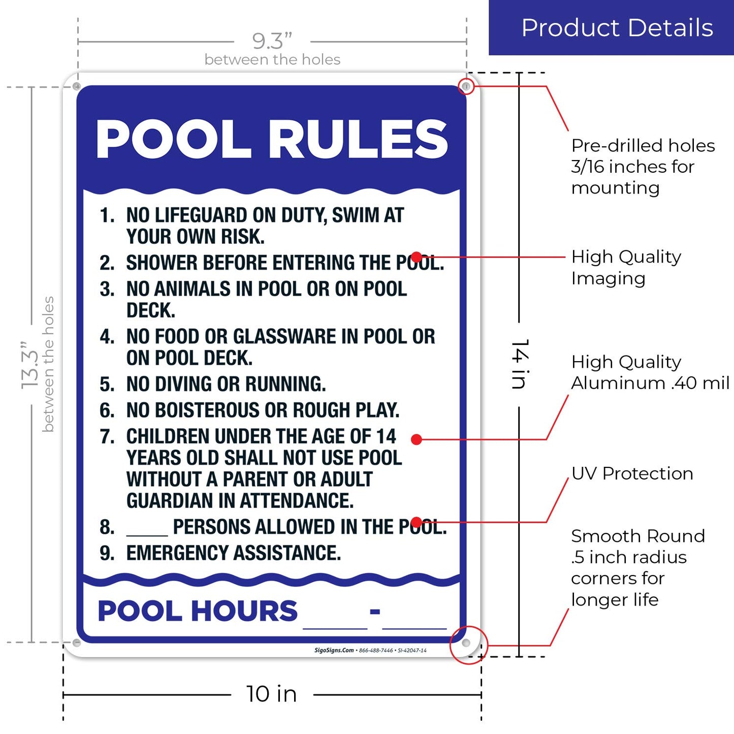 Pool Rules Sign, 10x14 Inches, Rust Free .040 Aluminum, Fade Resistant, Made in USA