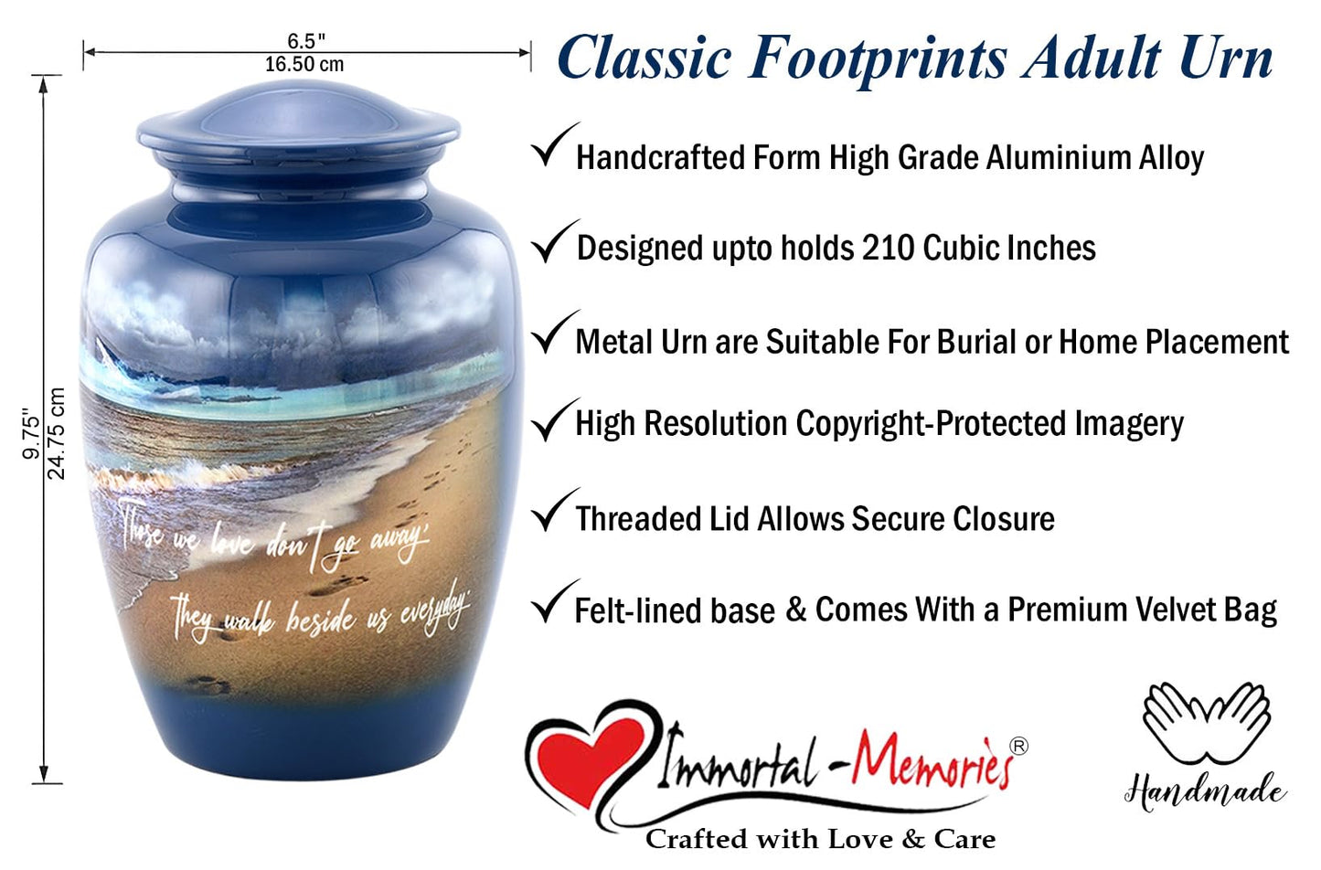 Footprints Cremation Urn - Ocean Blue Memorial Urn with Beach & Waves – Full-Size Handcrafted Metal Funeral Urns for Men & Women’s Ashes (Up to 210 lbs) – A Beautiful Tribute for Ocean Lovers