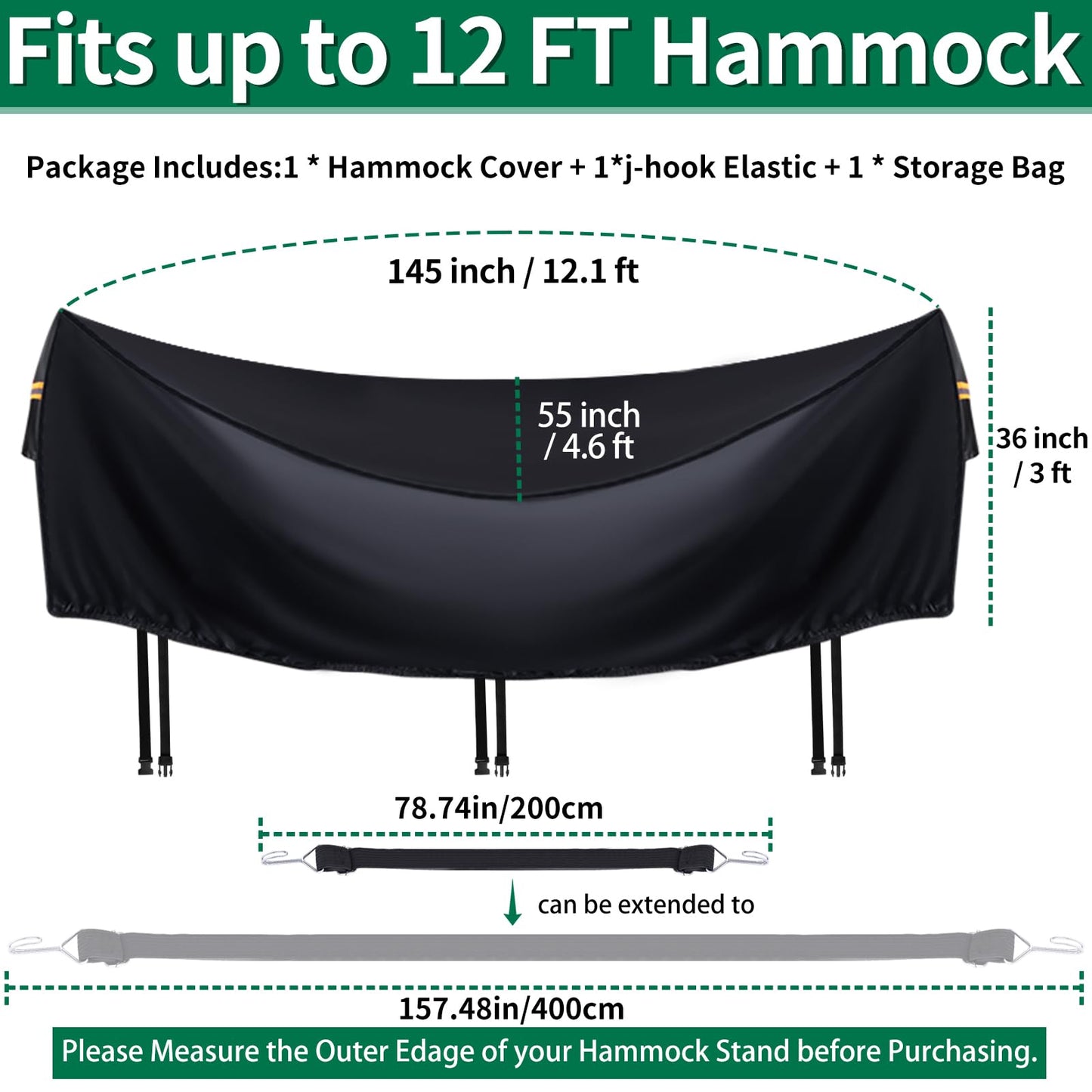 Hammock Covers for Outdoor Waterproof, Durable 420D Hammock Cover for 12 ft Hammock Stand, Windproof 3 Buckles & 1 Elastic Cord, Airy Vent,Reflective handle,All Weather Protection Hammock Rain Cover