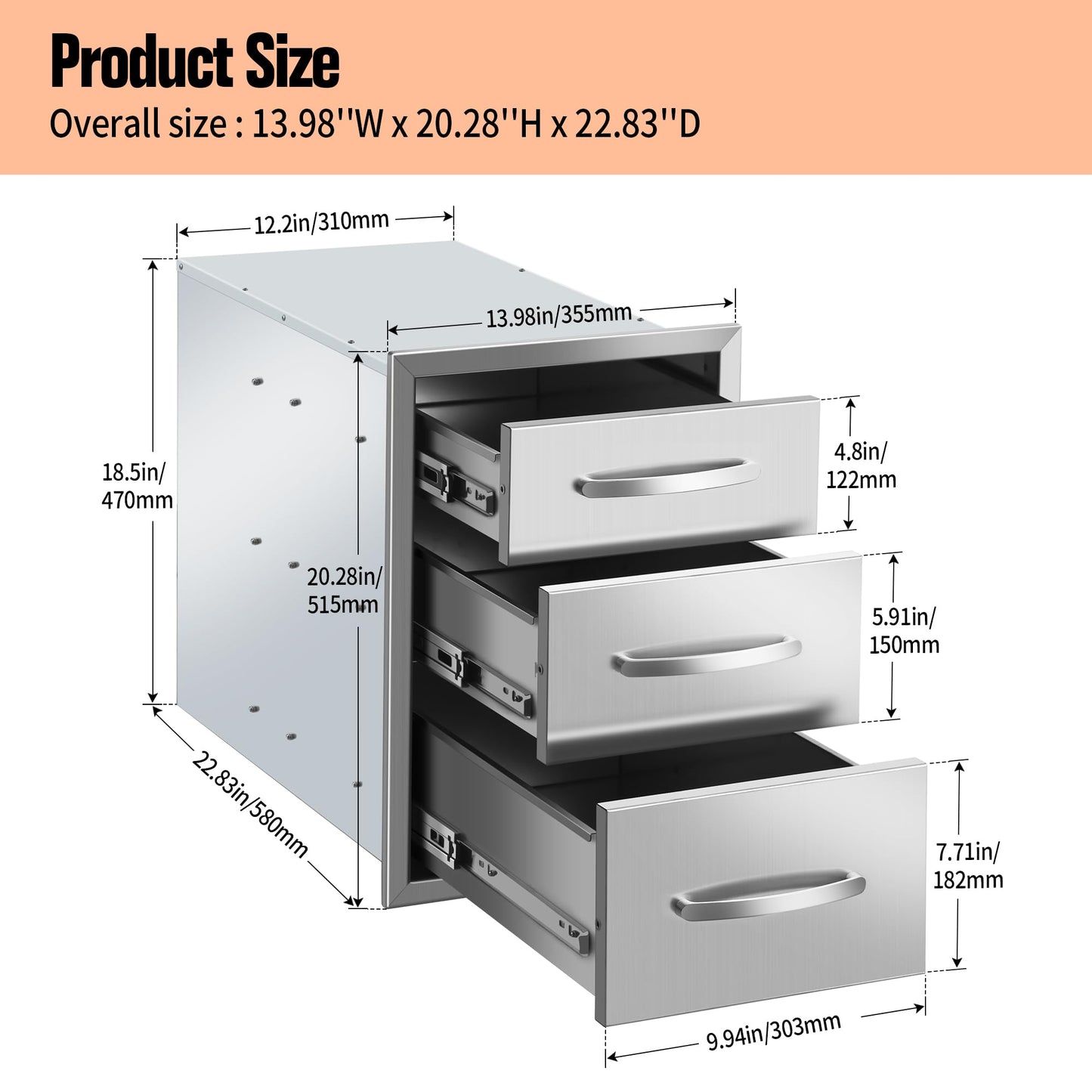 Outdoor Kitchen Drawers Built-in BBQ Drawer Stainless Steel Access Drawers for Outdoor Kitchen Island or Grill Station (14" W x 20.3" H x 23" D)