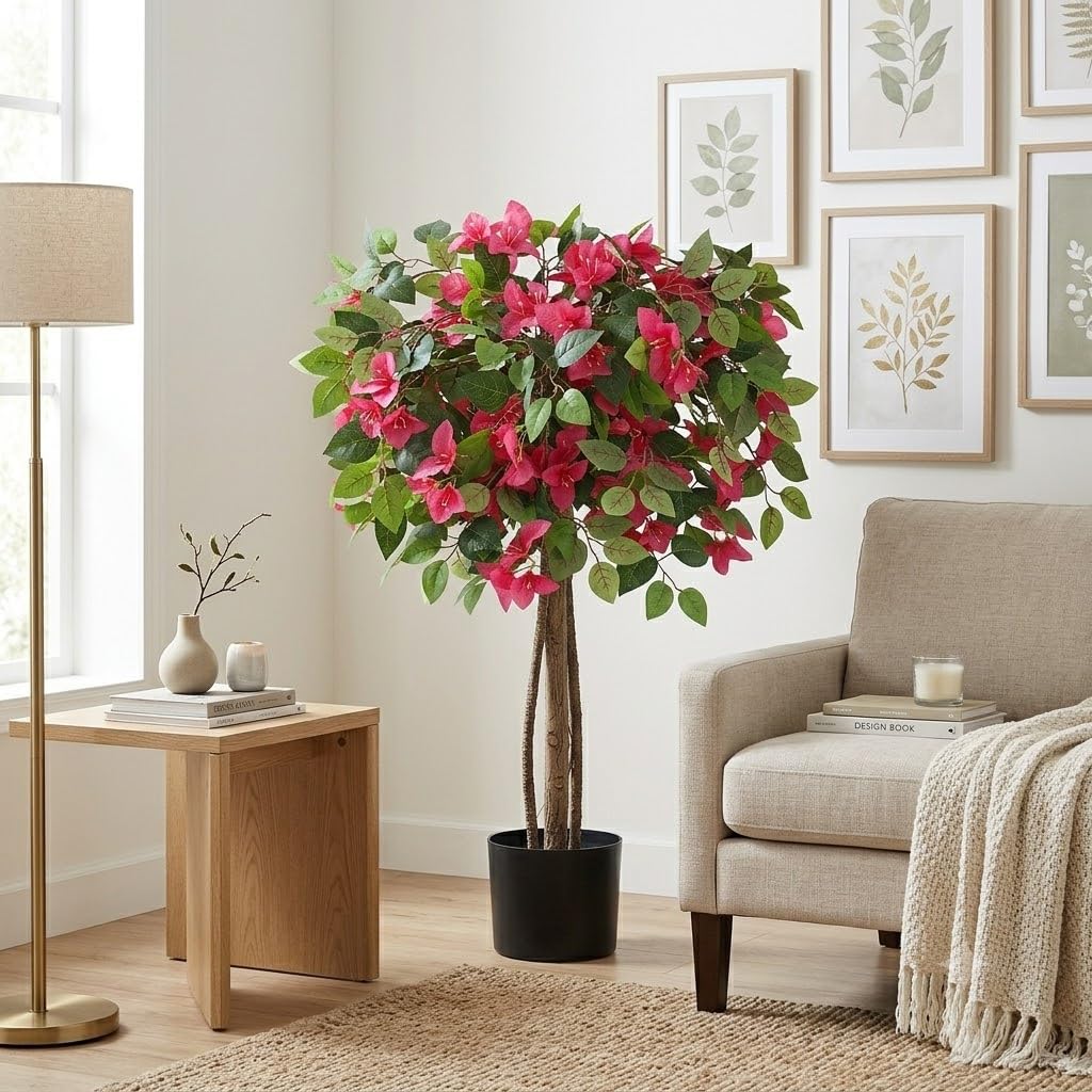 3FT Artificial Bougainvillea Tree Fake Silk Topiary Tree with Life-Like Trunk and Vibrant Pink Flowers, Faux Potted Plant for Home Office Indoor Outdoor Porch Patio Decor, Black Pot