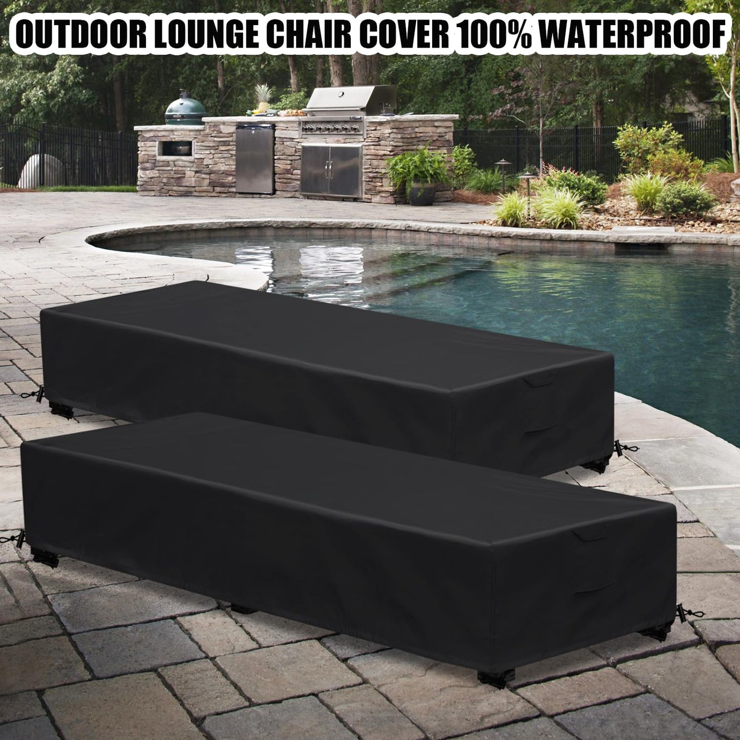 GoldenRaindrop Waterproof Patio Lounge Chair Cover 2 Pack Outdoor Chaise Lounge Covers 600D Weather Resistant Material, UV Protection, Windproof Design Outside Furniture Covers 80" x 28" x 14" H,Black
