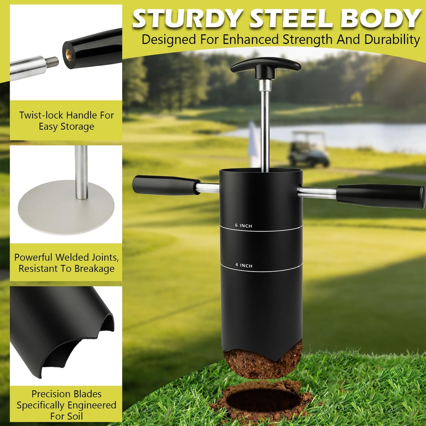 Sumalon Portable Golf Hole Cutter with Detachable Handle, 4 inch and 6 inch USGA Standard Carbon Steel Hole Digger, Post Hole Digger for Garden, Backyard, Outdoor Golf Putting Green Practice