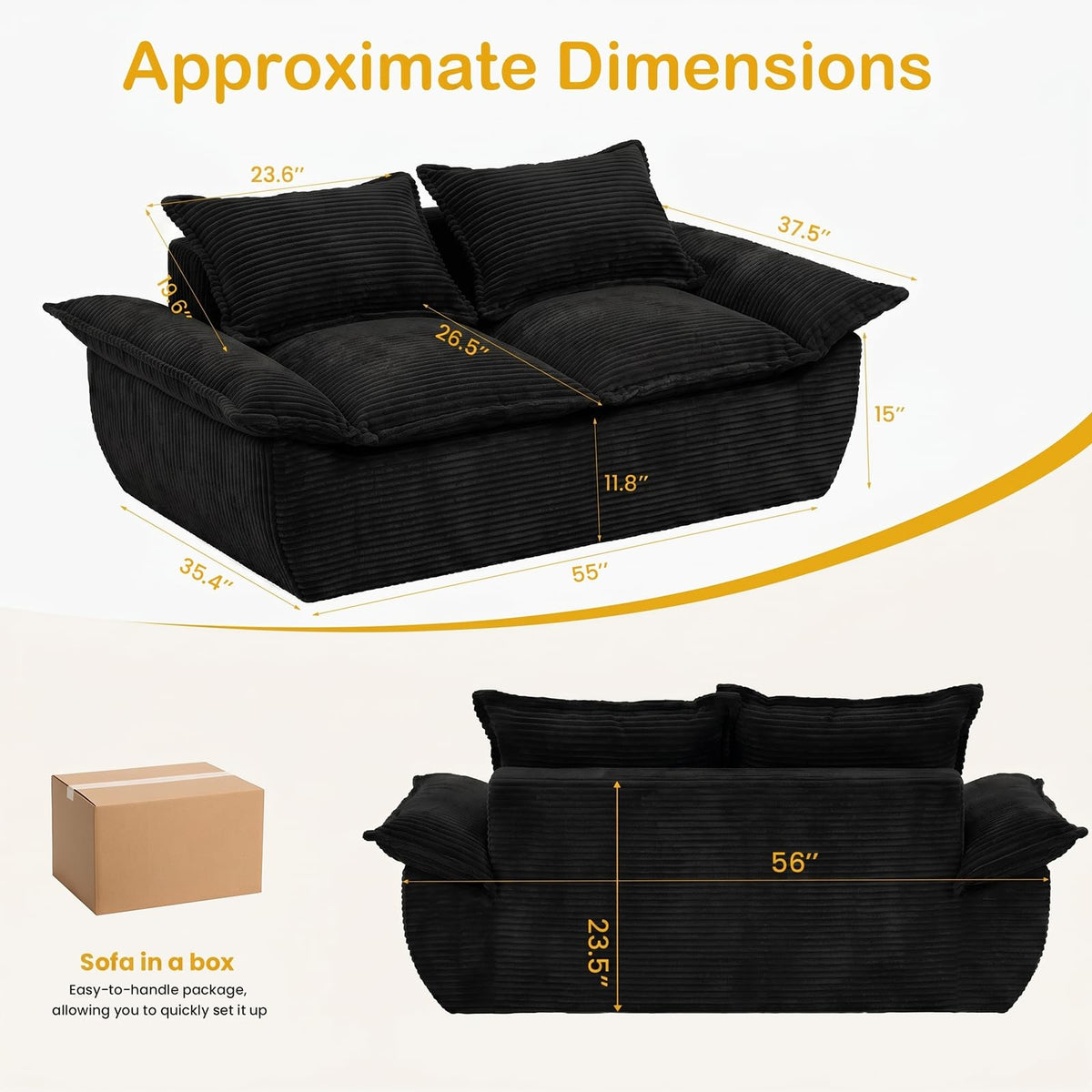 AOLVDOW 56" Boneless Loveseat, 2-Seater Black Boneless Sofa with Removable Cushions & 2 Pillows, Small Mini Couch Boneless Foam Sofa for Living Room, Apartments, & Office