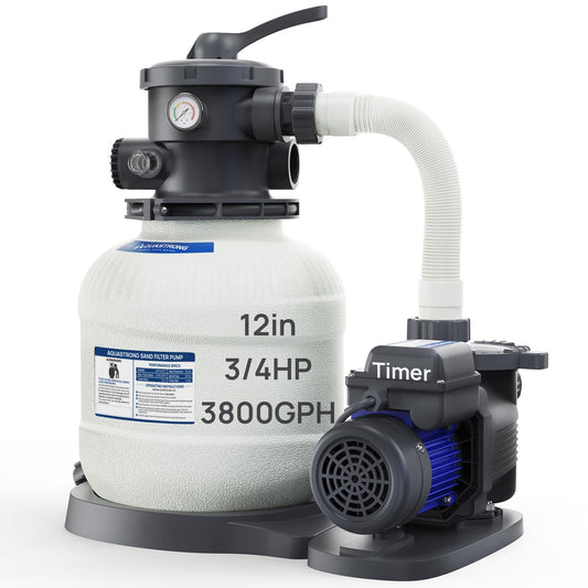 AQUASTRONG Sand Filter Pump for Above Ground Pool with Timer, 3/4 HP Pool Pumps Above Ground 3800 GPH for Pools up to 14000GAL, 12in Pool Filter with 6-Way Valve, Improved Circulation & Filtration