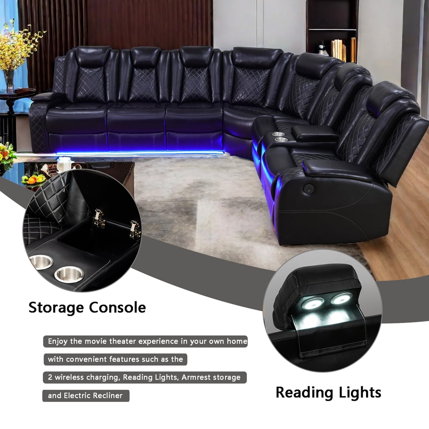 A Ainehome Power Recliner Set, Leather Sectional Sofa Set for Living Room, Home Theater, with LED Lights, Cup Holder, Hide-Away Storage, Wireless Charging(A-Black)