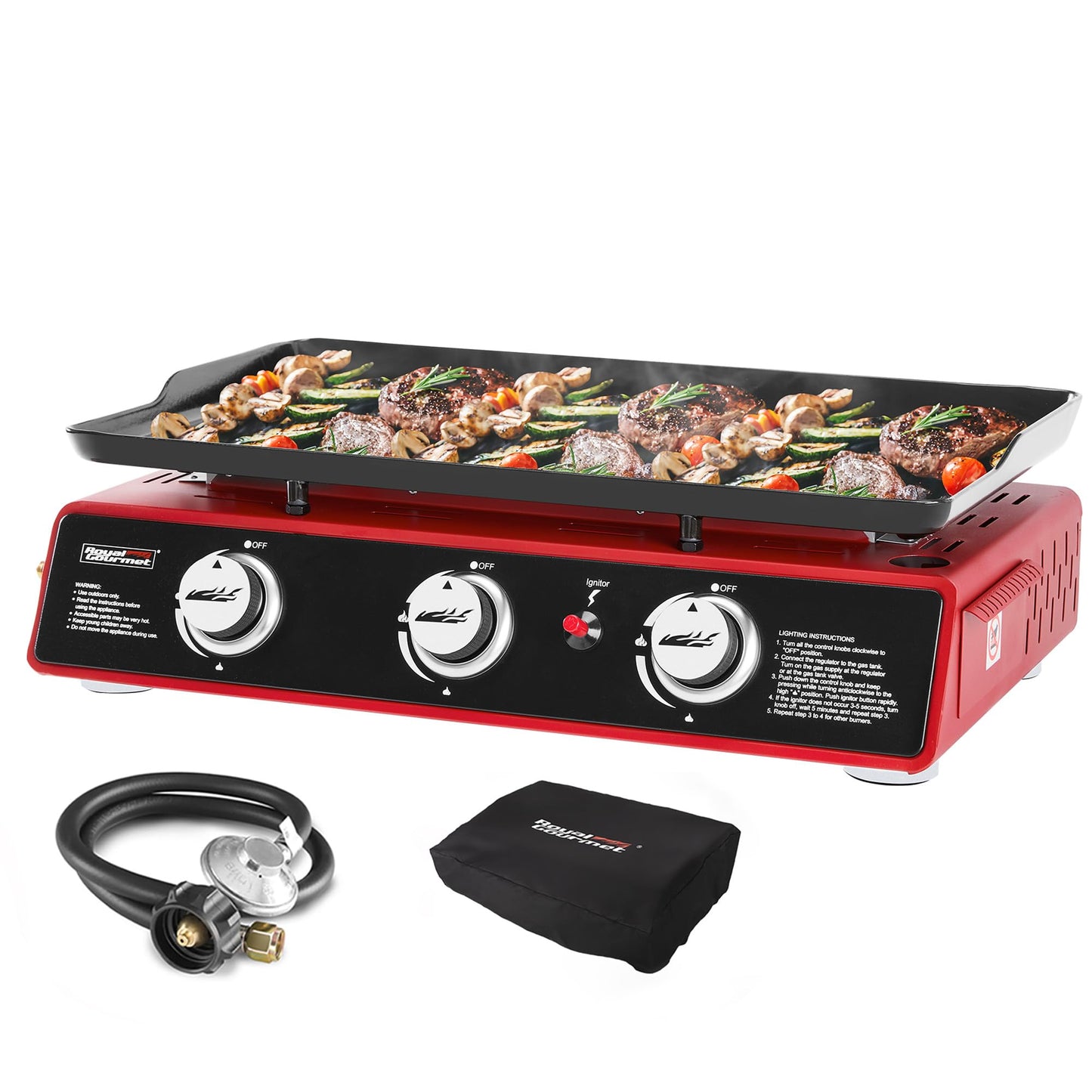 Royal Gourmet PD1301R 3 Burner Tabletop Propane Gas Griddle with Cover, 24 Inch Portable Griddle with 25,500 BTUs Output for Outdoor Cooking While Camping or Tailgating, Red